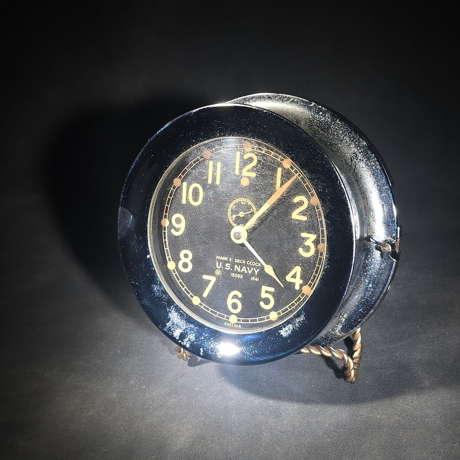Vintage 1941 Chelsea Mark I U.S. Navy Deck Ship's Clock with Chrome Case, Serial No. 15093, Black Dial with Subsidiary Seconds