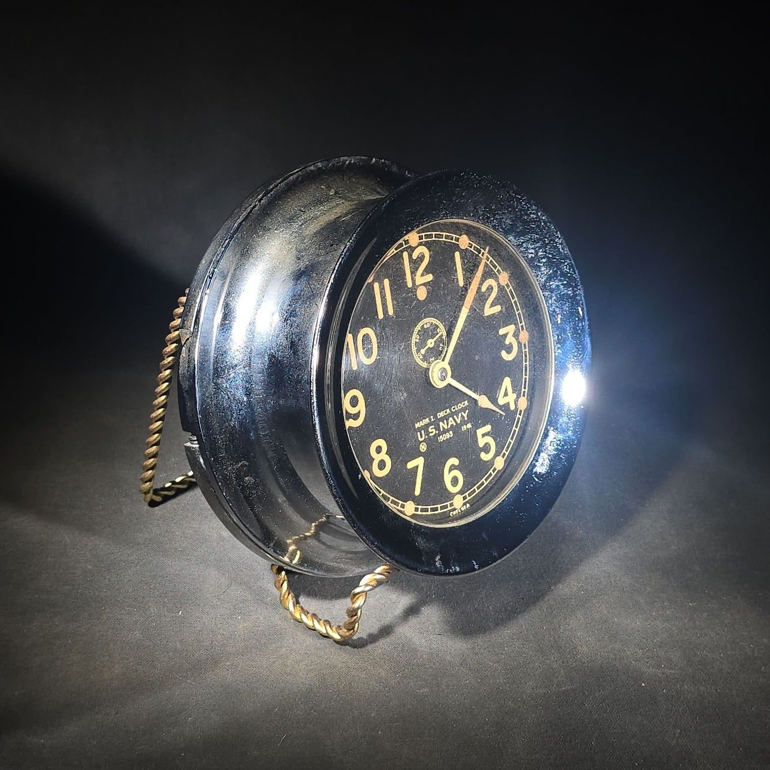 Vintage 1941 Chelsea Mark I U.S. Navy Deck Ship's Clock with Chrome Case, Serial No. 15093, Black Dial with Subsidiary Seconds