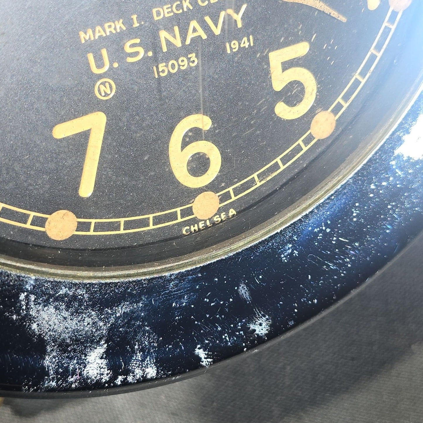 Vintage 1941 Chelsea Mark I U.S. Navy Deck Ship's Clock with Chrome Case, Serial No. 15093, Black Dial with Subsidiary Seconds