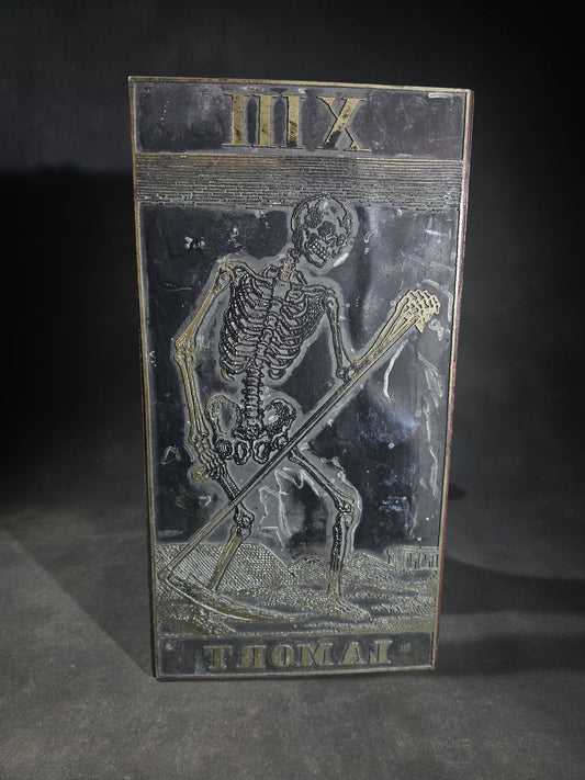 Vintage Wood-Mounted Printing Block for Oversized Tarot Card XIII "La Mort" ("Death") with Skeleton and Scythe, Tarot de Marseille