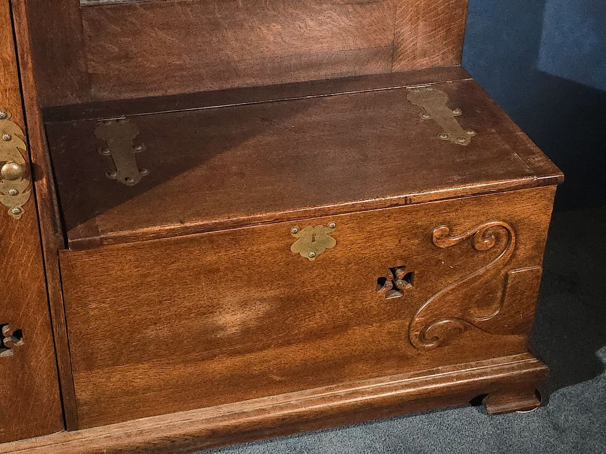 Antique Arts and Crafts Quarter-Sawn Oak Hall Tree with Beveled Mirror, Brass Coat Hooks, Umbrella Cabinet, and Lift-Top Seat
