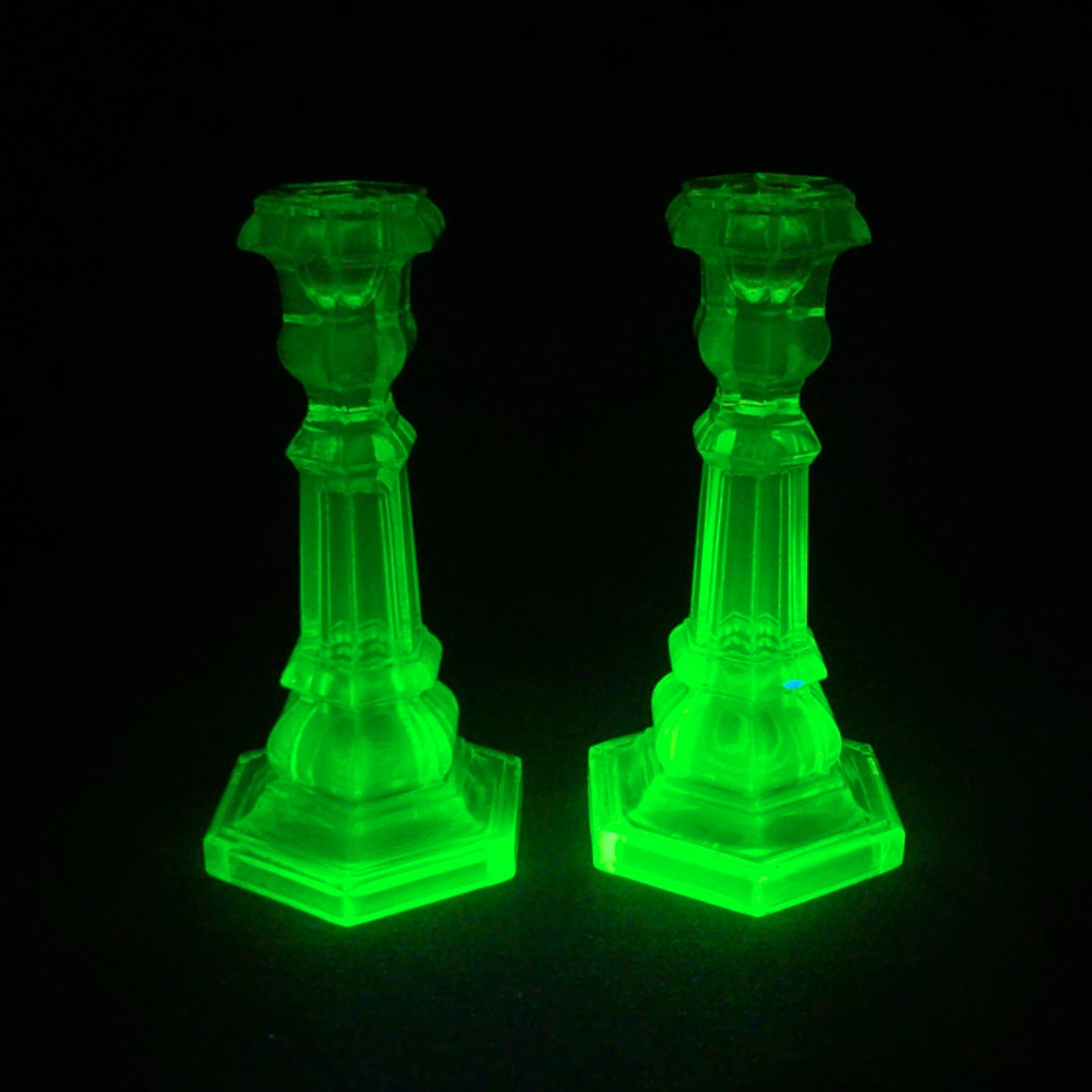 Pair of Antique Uranium Glass Columnar Candlesticks with Hexagonal Bases, UV Reactive