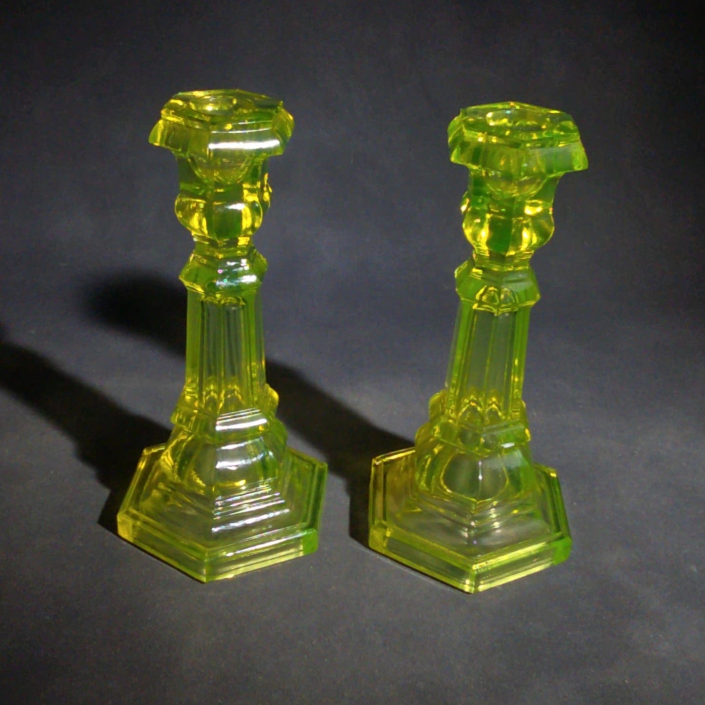 Pair of Antique Uranium Glass Columnar Candlesticks with Hexagonal Bases, UV Reactive