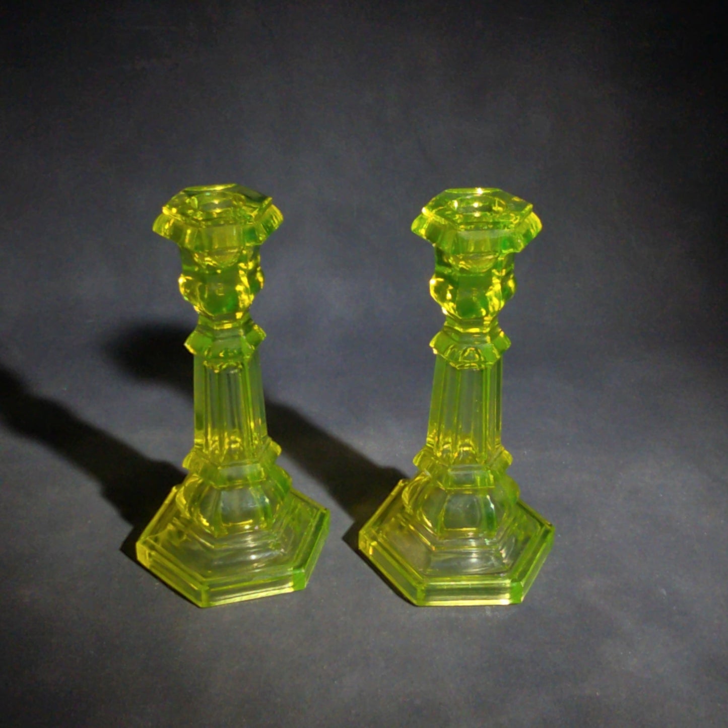Pair of Antique Uranium Glass Columnar Candlesticks with Hexagonal Bases, UV Reactive