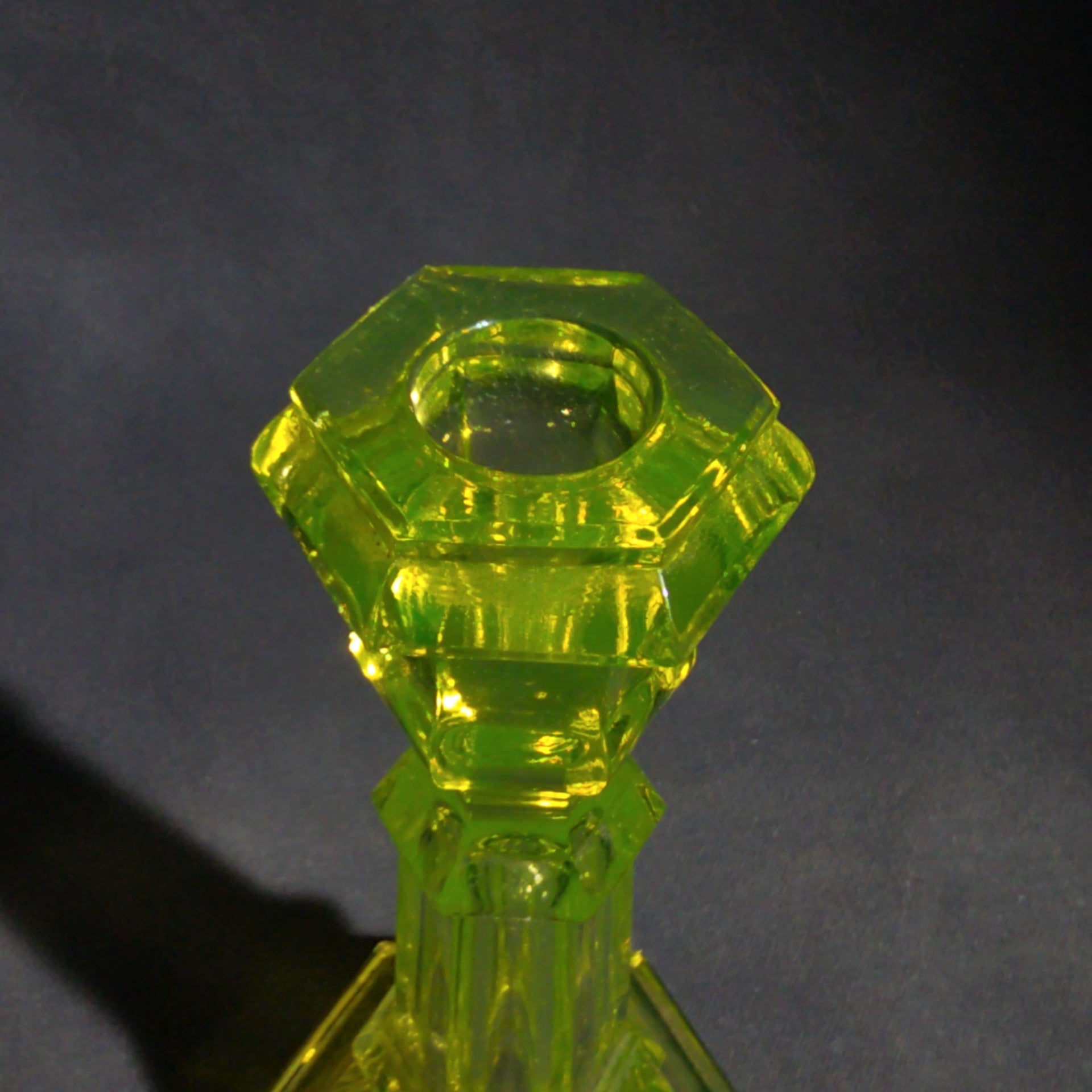 Pair of Antique Uranium Glass Columnar Candlesticks with Hexagonal Bases, UV Reactive