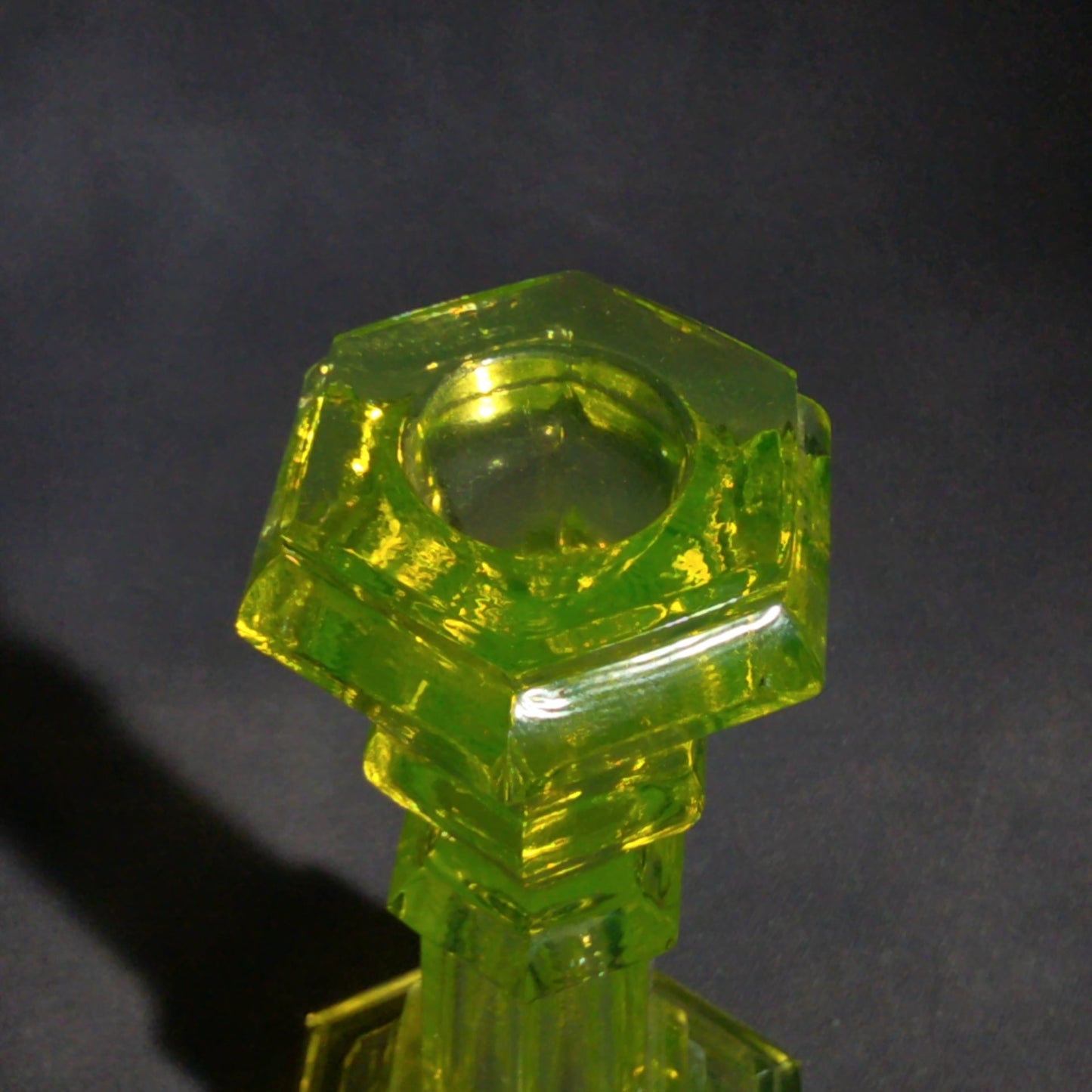 Pair of Antique Uranium Glass Columnar Candlesticks with Hexagonal Bases, UV Reactive