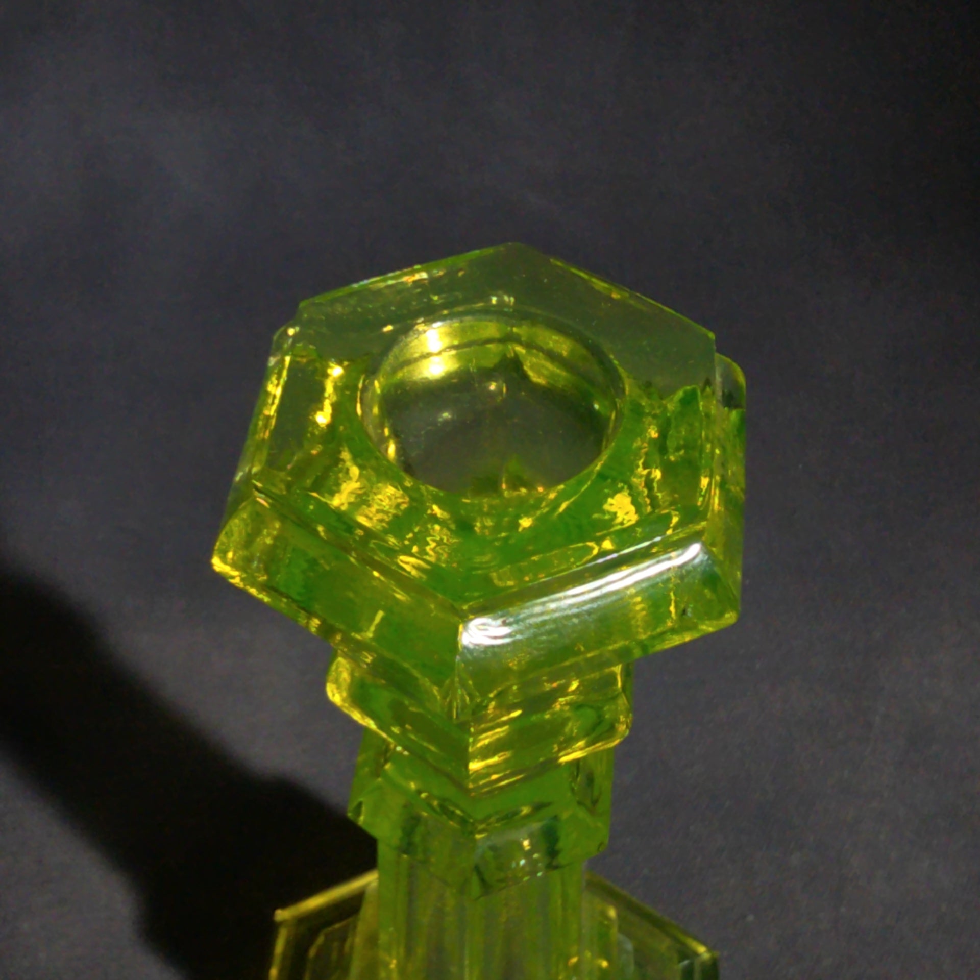Pair of Antique Uranium Glass Columnar Candlesticks with Hexagonal Bases, UV Reactive