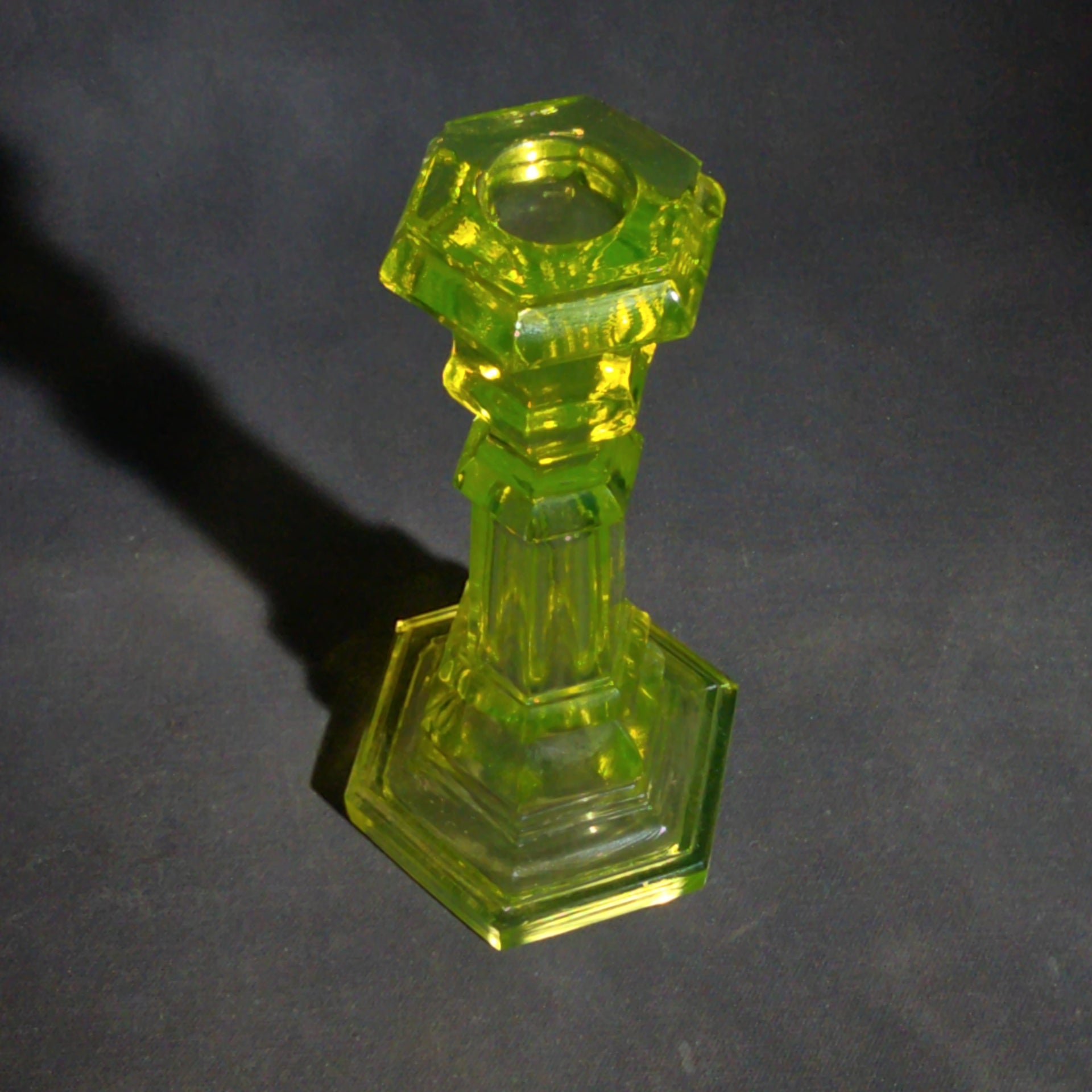 Pair of Antique Uranium Glass Columnar Candlesticks with Hexagonal Bases, UV Reactive