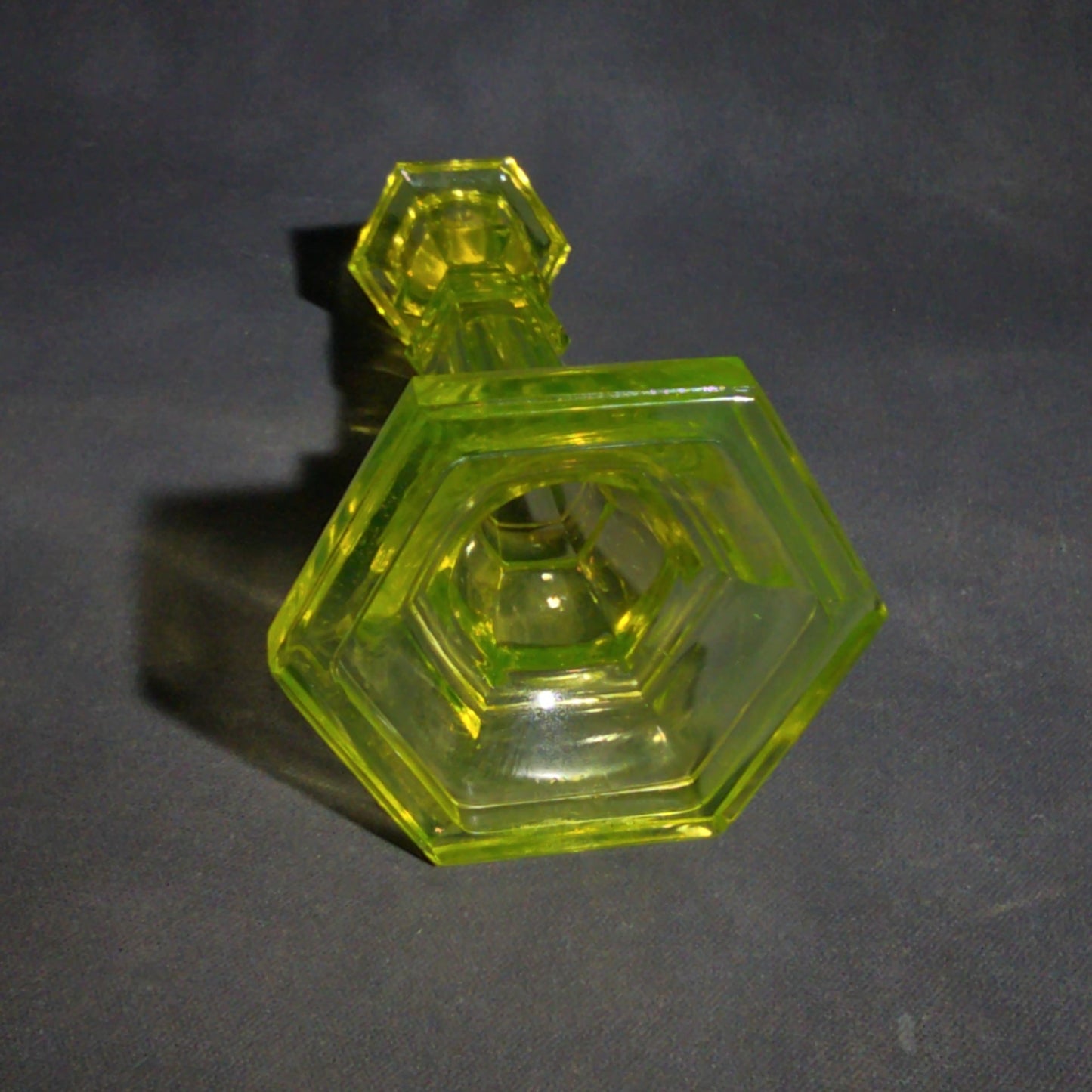 Pair of Antique Uranium Glass Columnar Candlesticks with Hexagonal Bases, UV Reactive