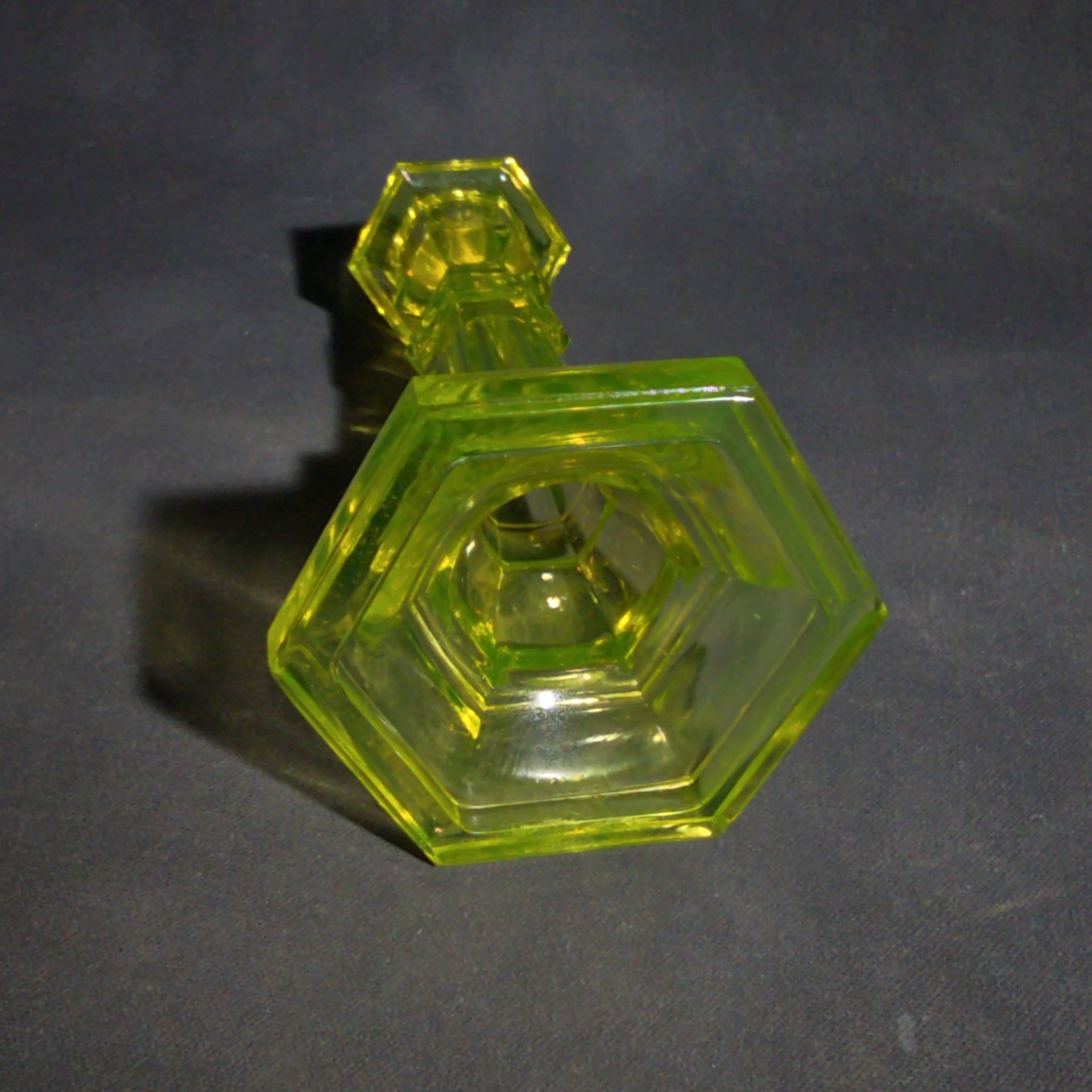 Pair of Antique Uranium Glass Columnar Candlesticks with Hexagonal Bases, UV Reactive
