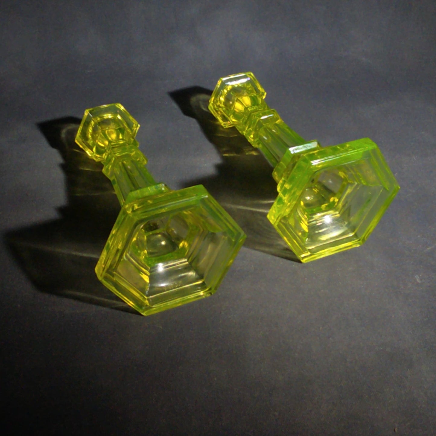 Pair of Antique Uranium Glass Columnar Candlesticks with Hexagonal Bases, UV Reactive