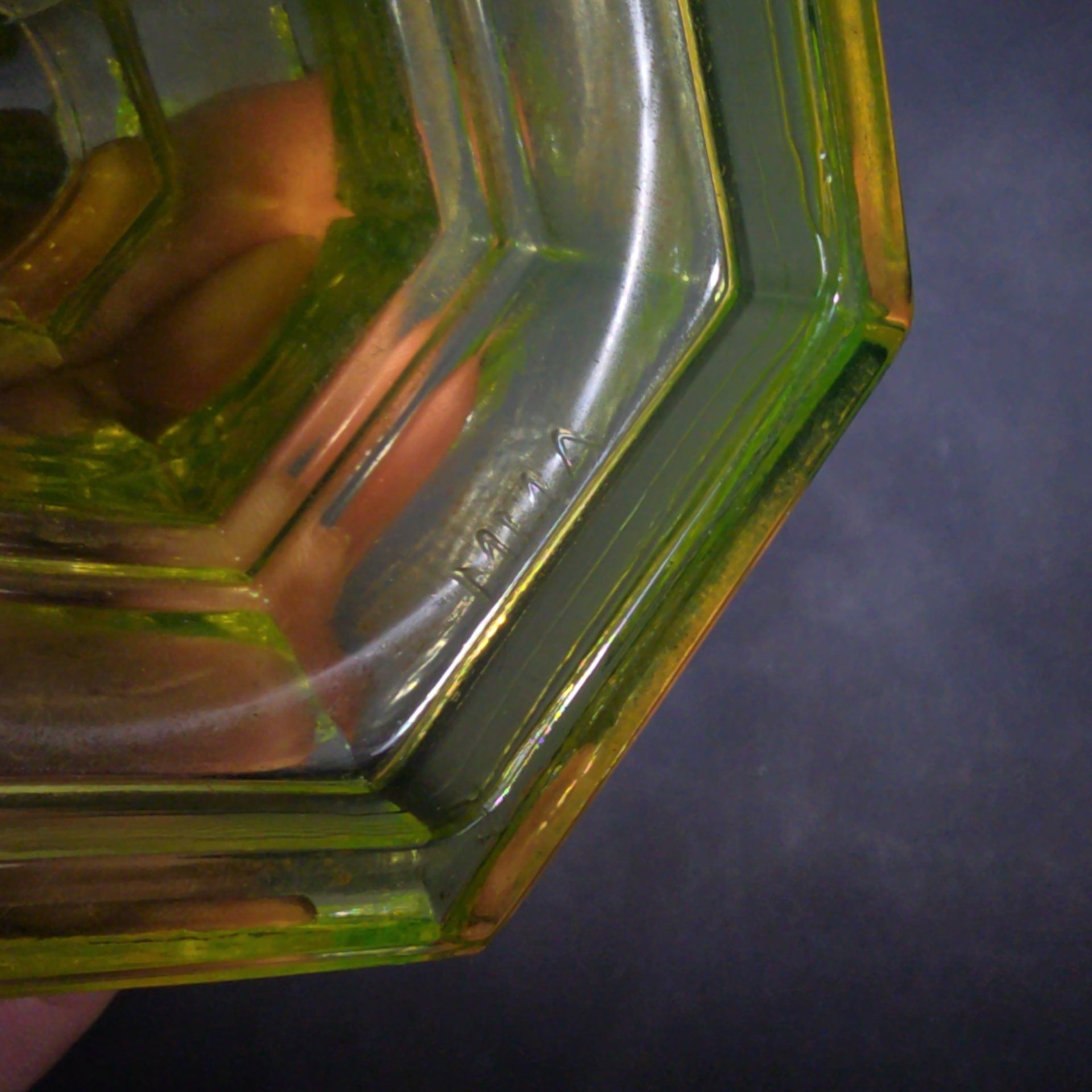 Pair of Antique Uranium Glass Columnar Candlesticks with Hexagonal Bases, UV Reactive
