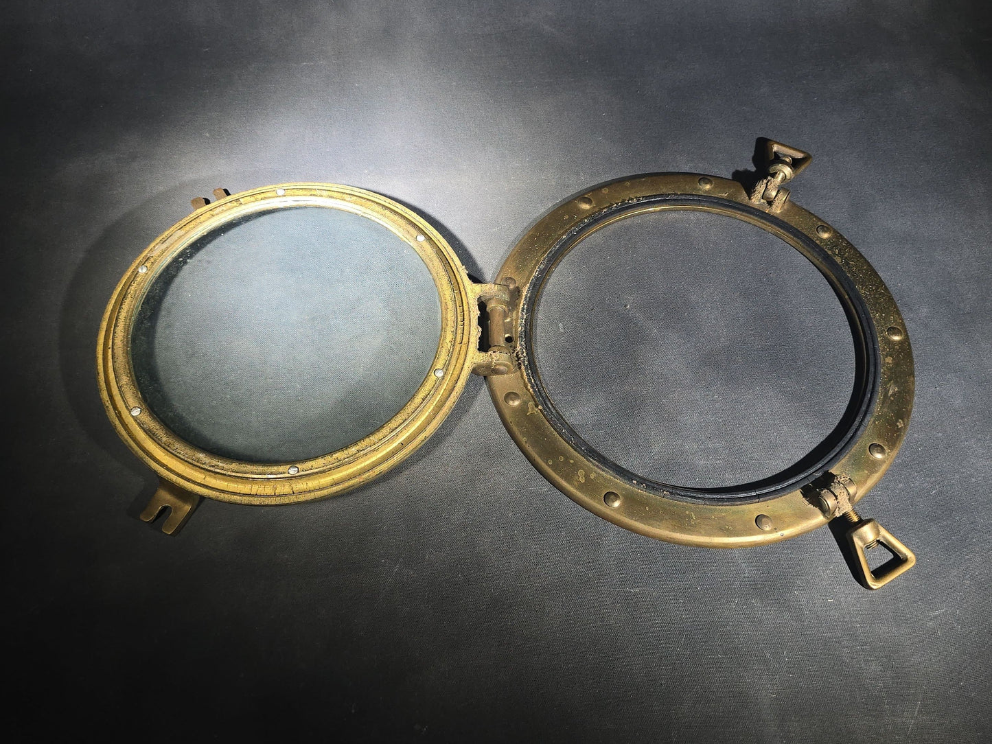Vintage Brass Ship's Porthole with Hinged Glass Window and Dog Ear Fasteners