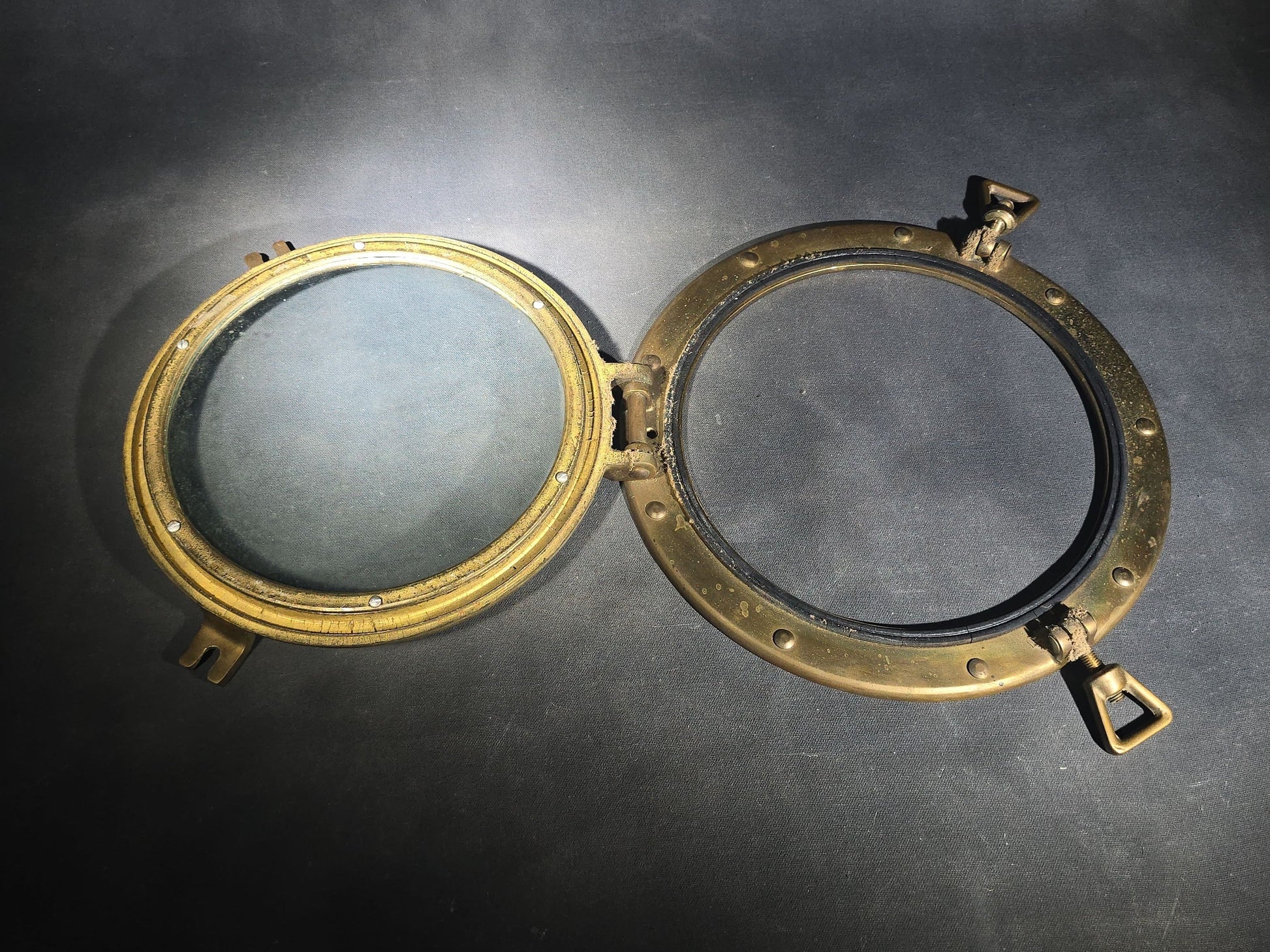 Vintage Brass Ship's Porthole with Hinged Glass Window and Dog Ear Fasteners