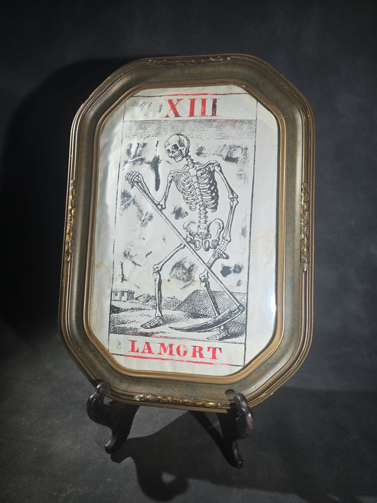 Vintage Oversized Tarot Card XIII Print "La Mort" ("Death") with Skeleton and Scythe, Tarot De Marseille, Printed from Vintage Block, Framed