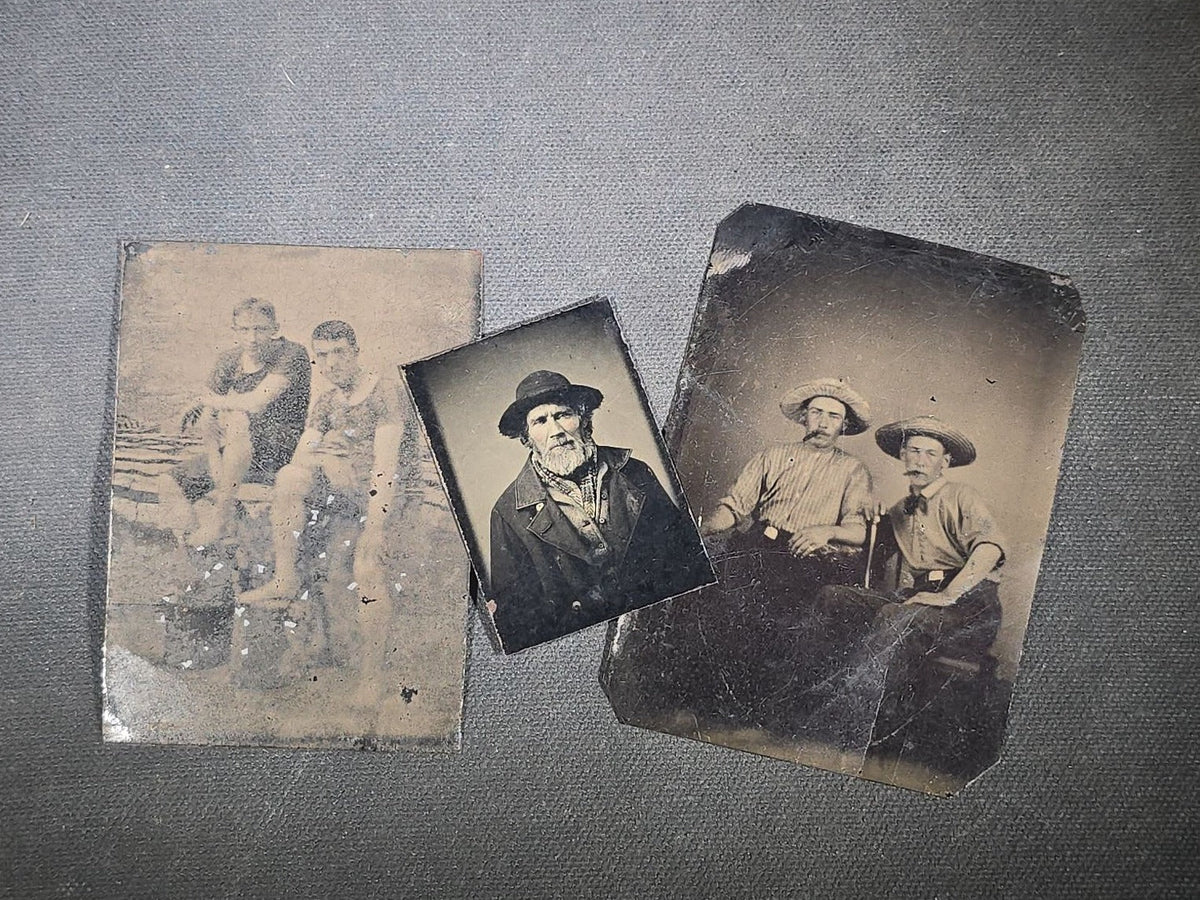 Trio of Antique Tintype Photographs Including Bearded Fisherman, Two Seated Men in Straw Hats Smoking Cigars, and Two Men in Swimsuits