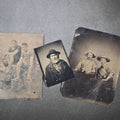 Lot 021 - Trio of Antique Tintype Photographs Including Bearded Fisherman, Two Seated Men in Straw Hats Smoking Cigars, and Two Men in Swimsuits