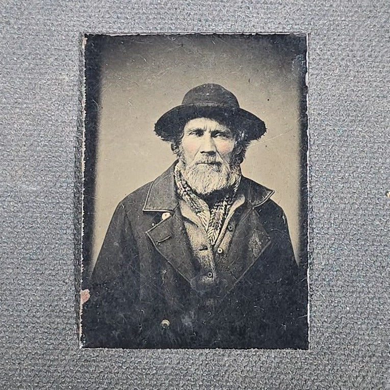 Trio of Antique Tintype Photographs Including Bearded Fisherman, Two Seated Men in Straw Hats Smoking Cigars, and Two Men in Swimsuits