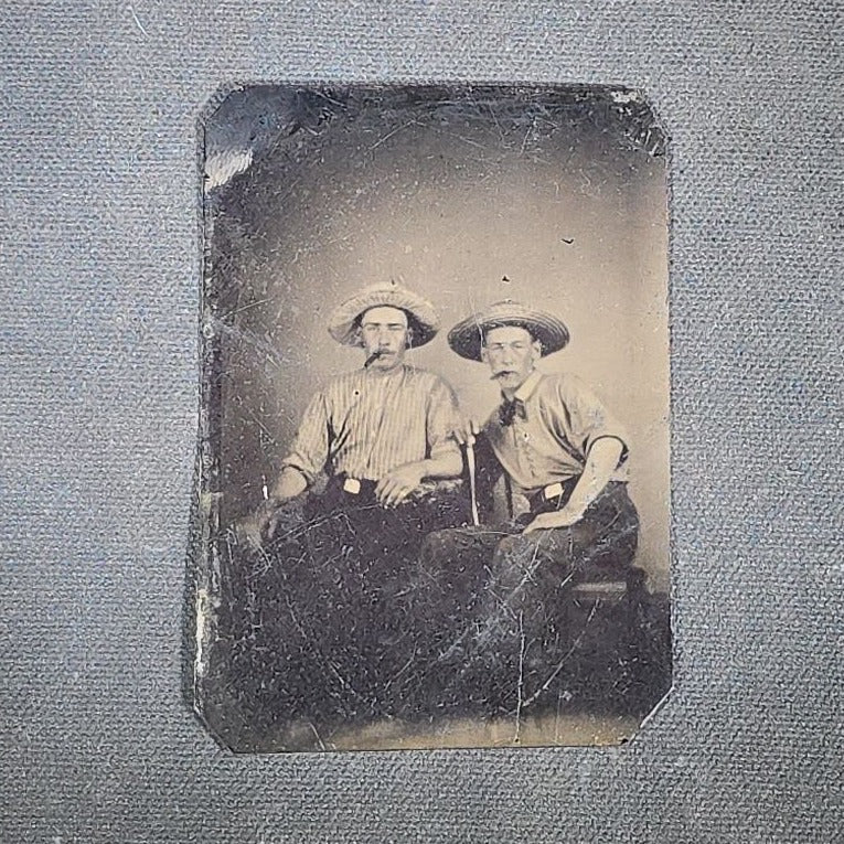Trio of Antique Tintype Photographs Including Bearded Fisherman, Two Seated Men in Straw Hats Smoking Cigars, and Two Men in Swimsuits