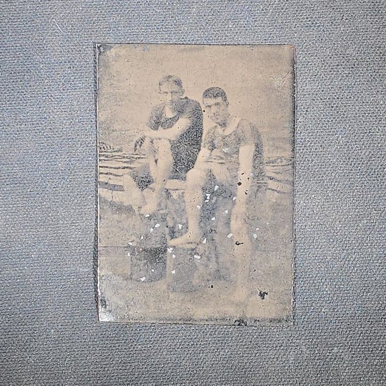 Trio of Antique Tintype Photographs Including Bearded Fisherman, Two Seated Men in Straw Hats Smoking Cigars, and Two Men in Swimsuits