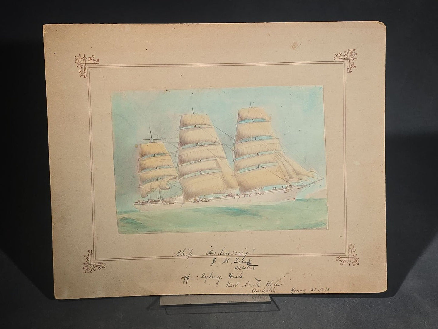 Antique Hand-Colored Board-Mounted Photograph of the Ship "Ardencraig," J.H. Trask Master, Off Sydney Heads, New South Wales, Australia, January 27, 1898