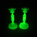 Lot 017 - Pair of Antique Uranium Glass Candlesticks with Baluster Stems and Round Bases, UV Reactive, 8-3/4" H each