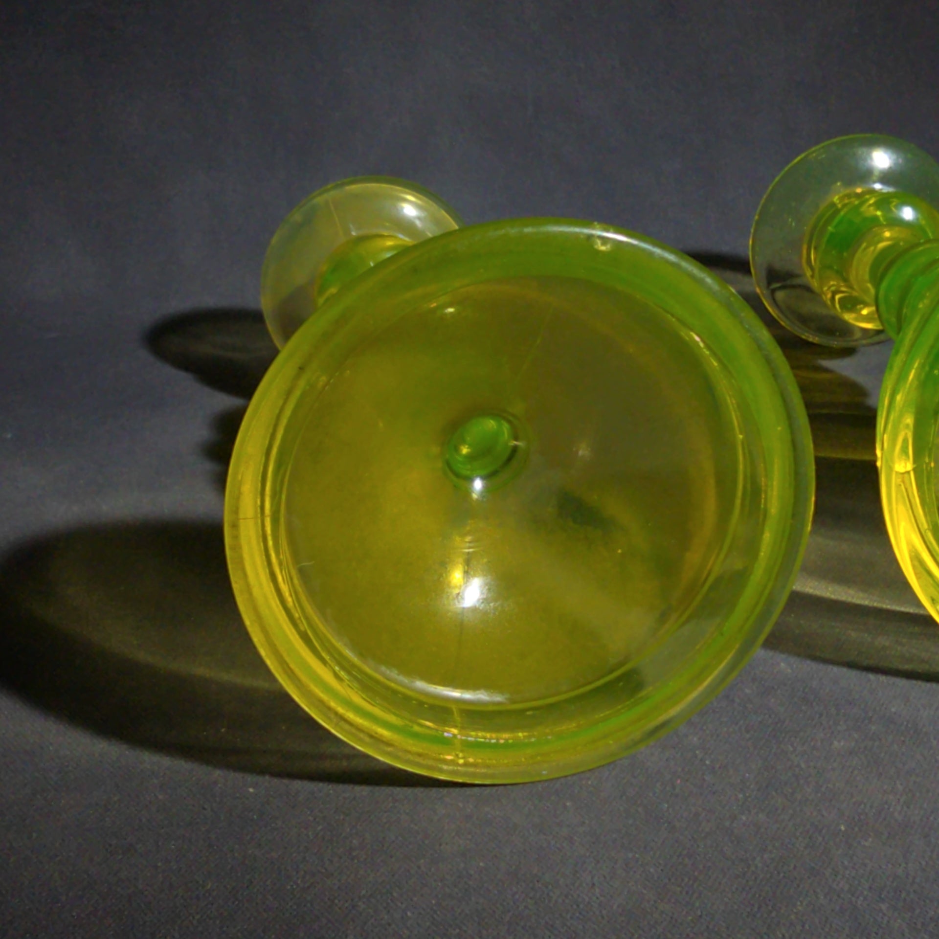 Pair of Antique Uranium Glass Candlesticks with Baluster Stems and Round Bases, UV Reactive