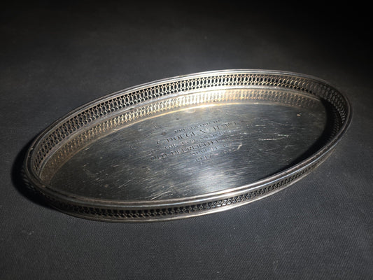 Vintage Tiffany & Co. Sterling Silver Oval Gallery Tray, Engraved Old Deerfield Fabrics 25th Anniversary Presentation to C. Douglas Hardy, 1962, Made in Italy