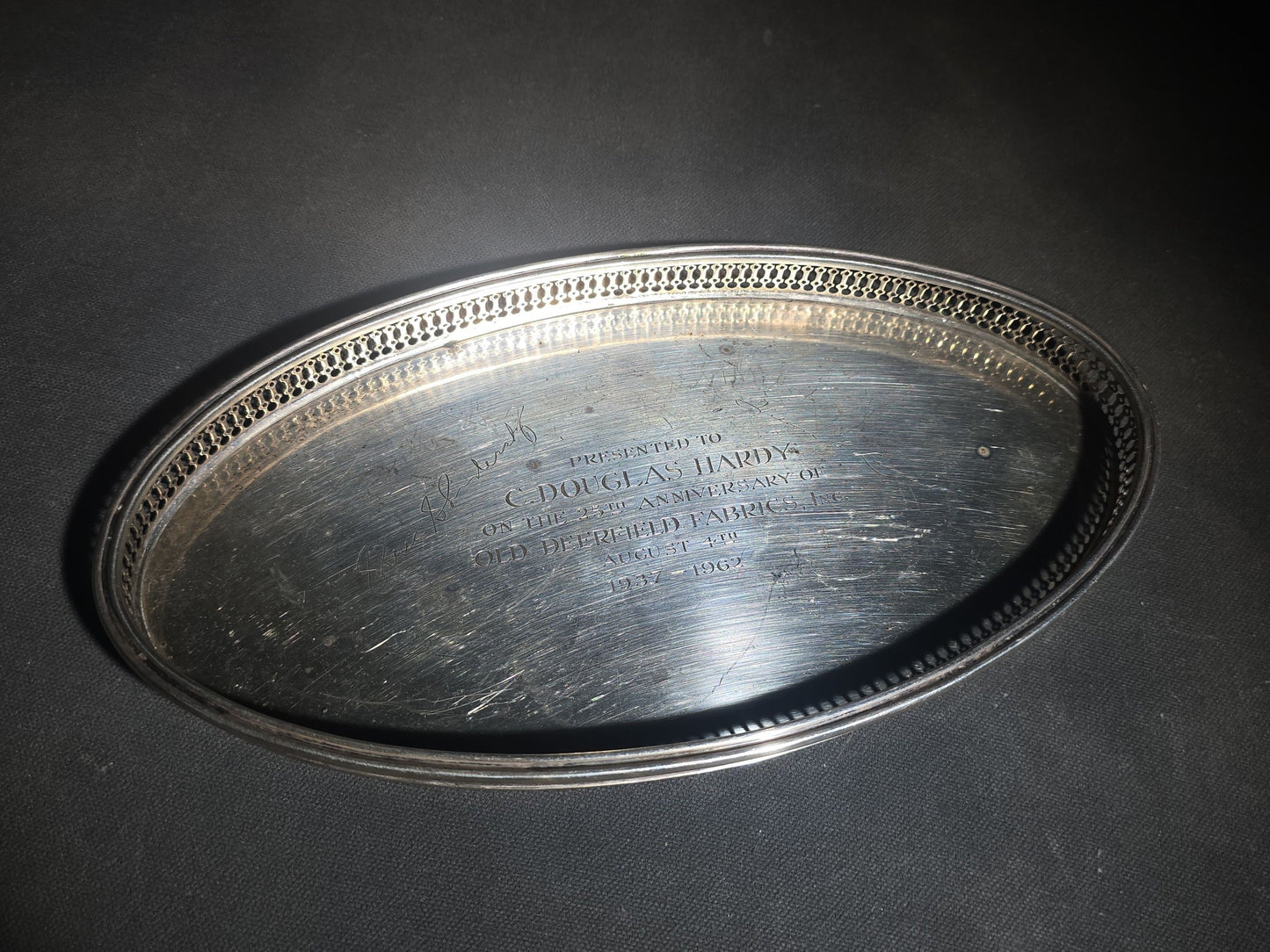 Vintage Tiffany & Co. Sterling Silver Oval Gallery Tray, Engraved Old Deerfield Fabrics 25th Anniversary Presentation to C. Douglas Hardy, 1962, Made in Italy