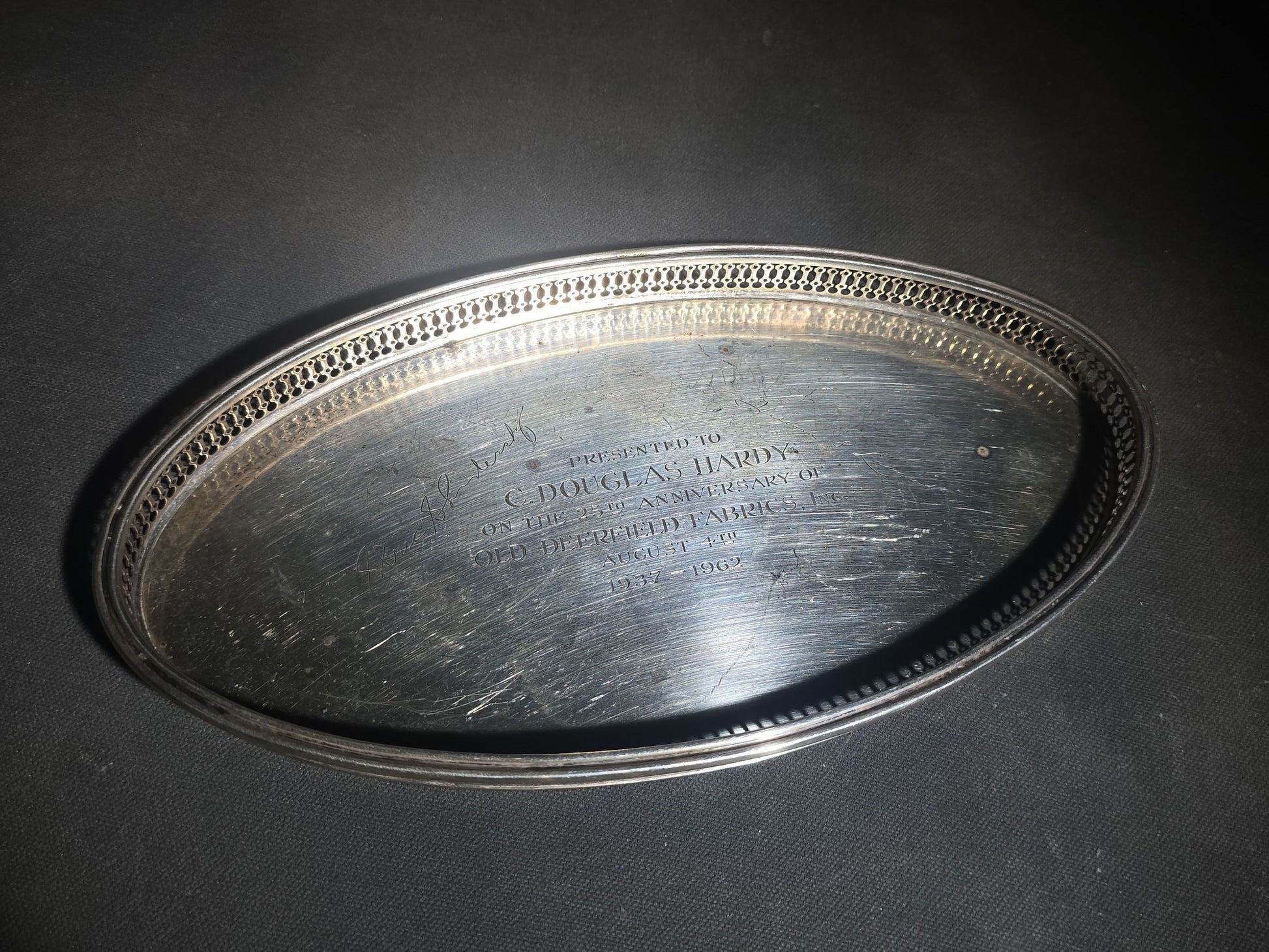 Vintage Tiffany & Co. Sterling Silver Oval Gallery Tray, Engraved Old Deerfield Fabrics 25th Anniversary Presentation to C. Douglas Hardy, 1962, Made in Italy