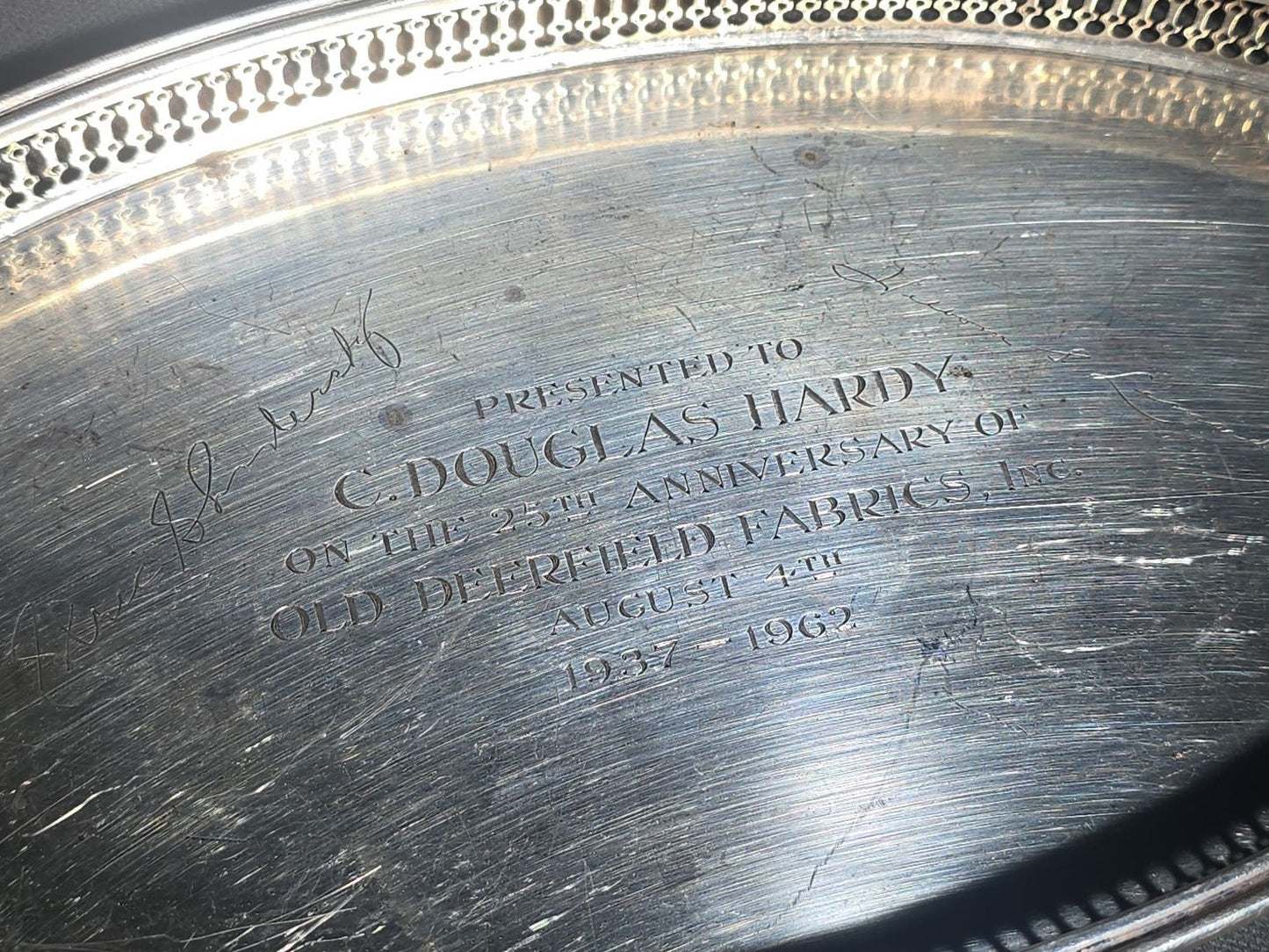 Vintage Tiffany & Co. Sterling Silver Oval Gallery Tray, Engraved Old Deerfield Fabrics 25th Anniversary Presentation to C. Douglas Hardy, 1962, Made in Italy