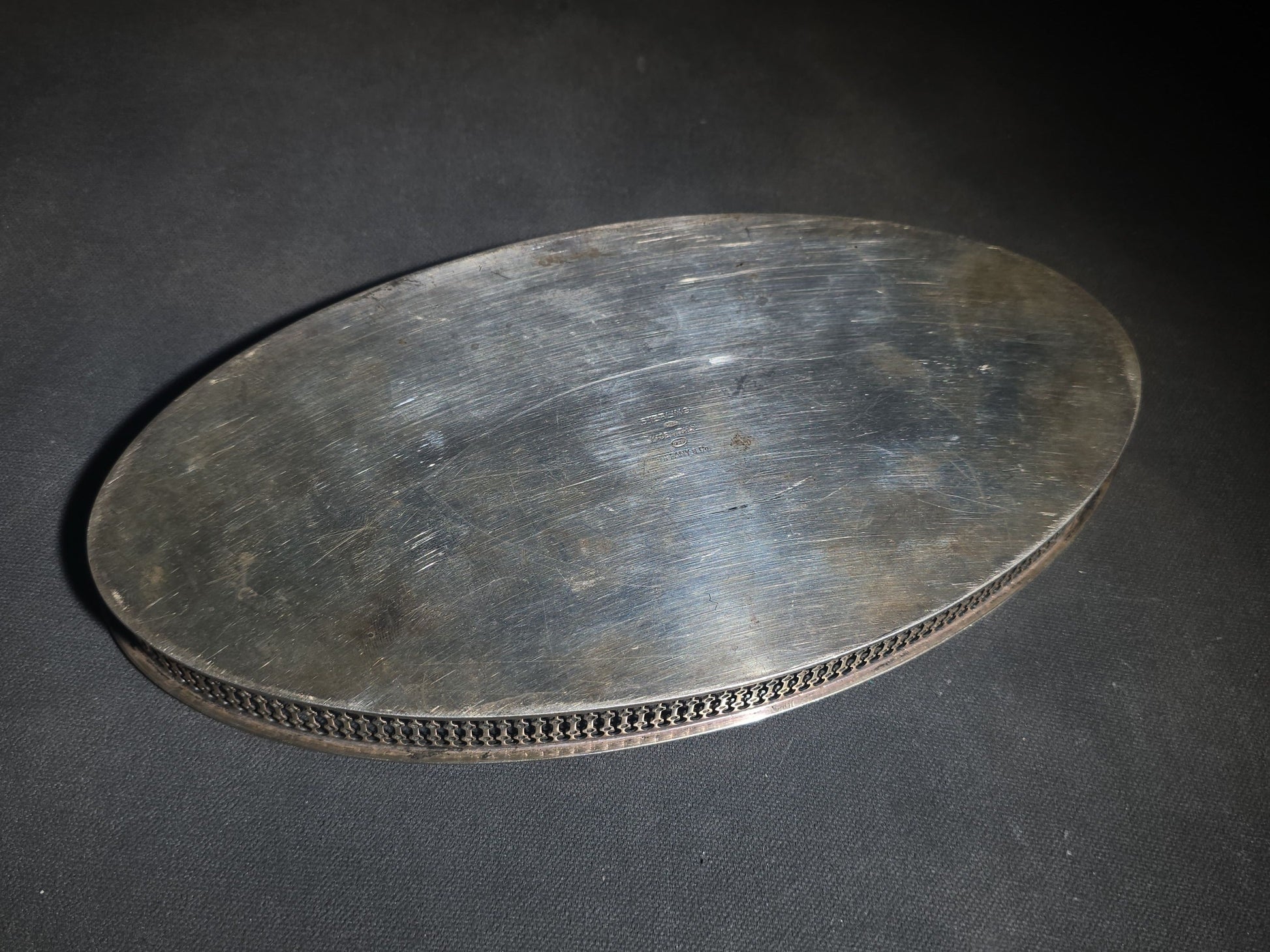 Vintage Tiffany & Co. Sterling Silver Oval Gallery Tray, Engraved Old Deerfield Fabrics 25th Anniversary Presentation to C. Douglas Hardy, 1962, Made in Italy