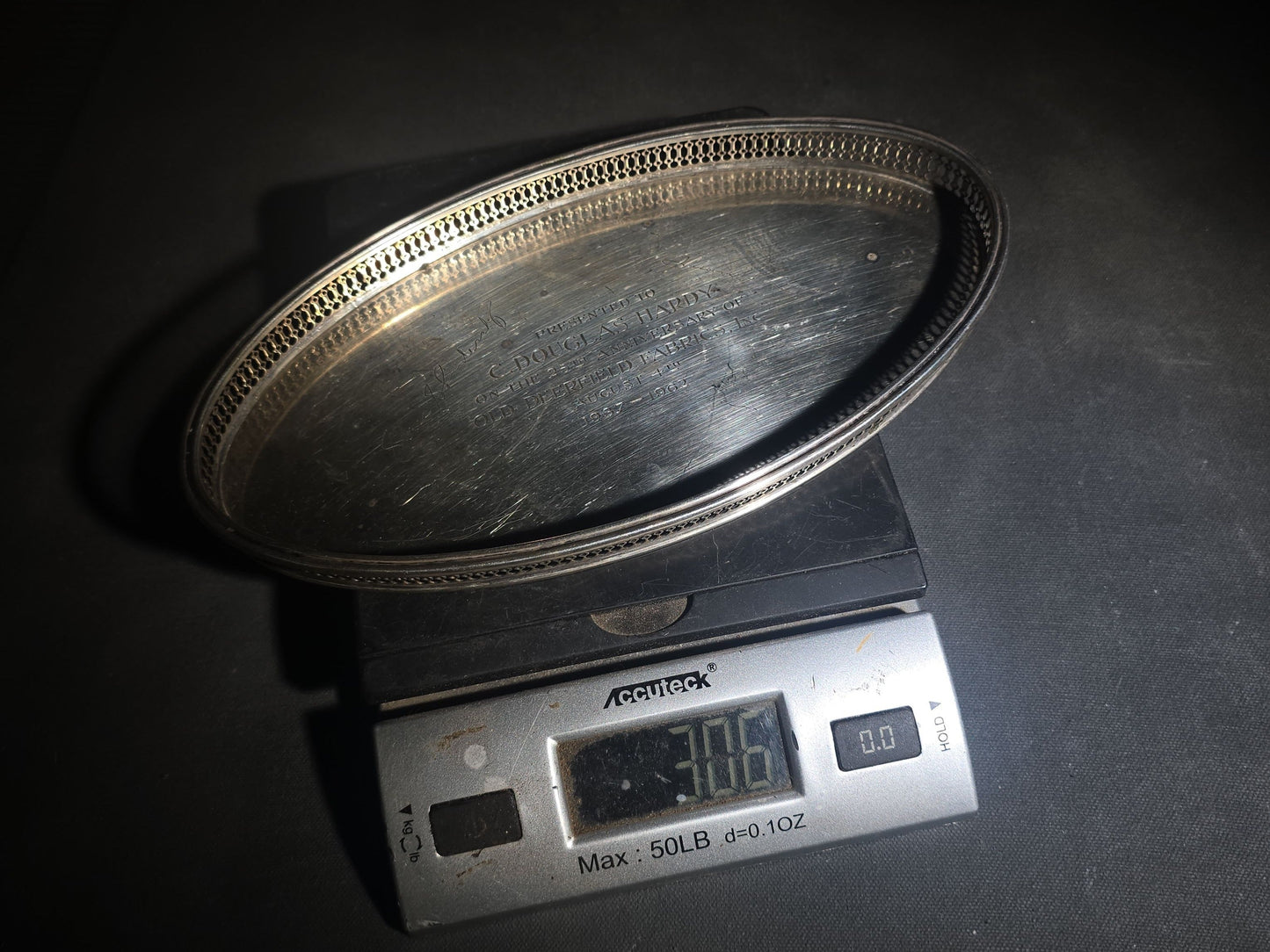 Vintage Tiffany & Co. Sterling Silver Oval Gallery Tray, Engraved Old Deerfield Fabrics 25th Anniversary Presentation to C. Douglas Hardy, 1962, Made in Italy