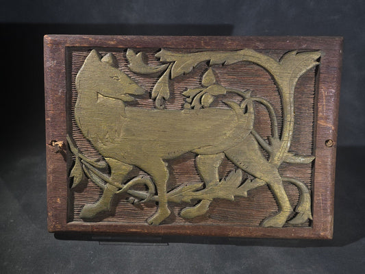 Vintage Relief-Carved Folk Art Oak Panel of a Wolf with Oak Leaves and Acorns, Signed "AA" and Dated 1933