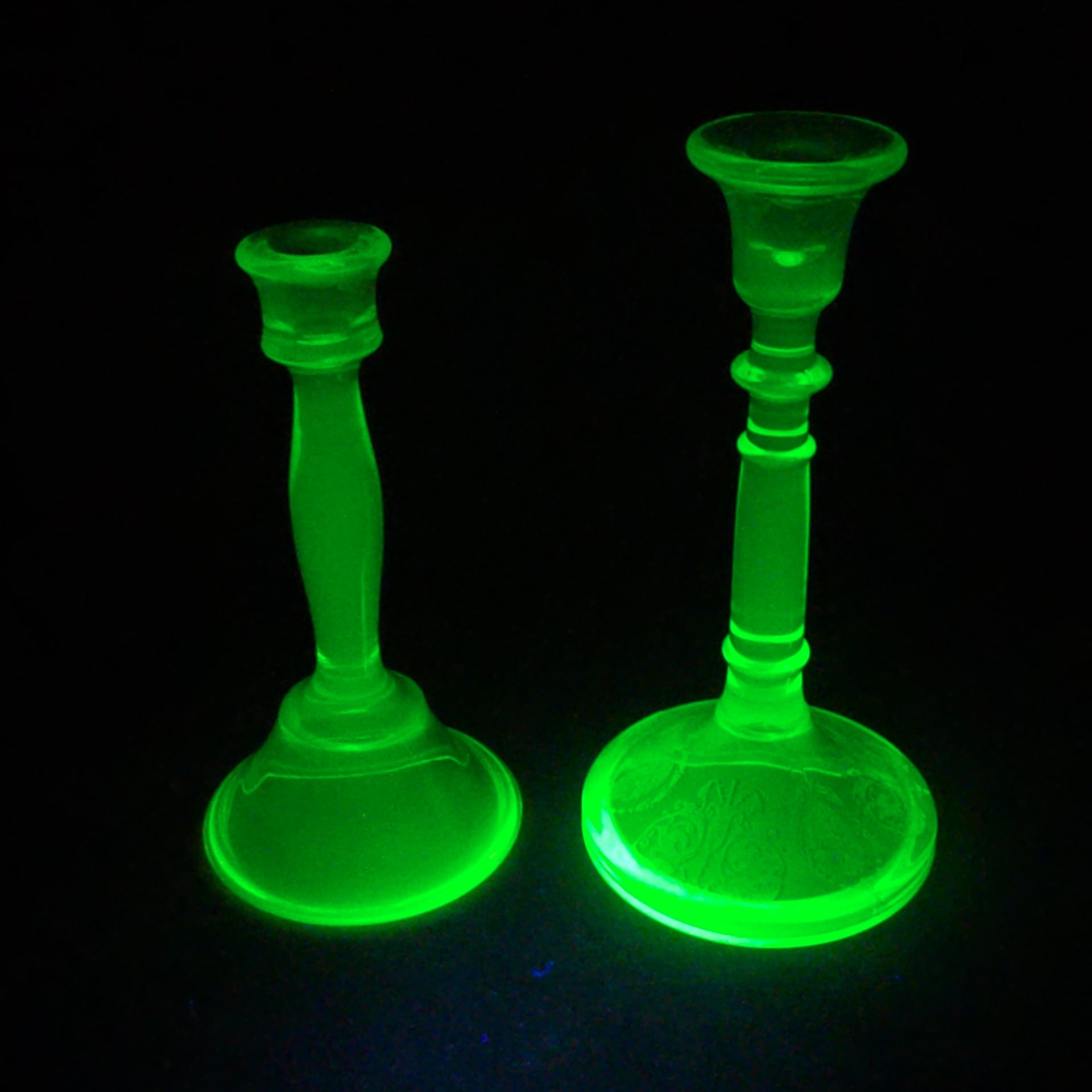 Pair of Vintage Mismatched Uranium Glass Candlesticks, UV Reactive