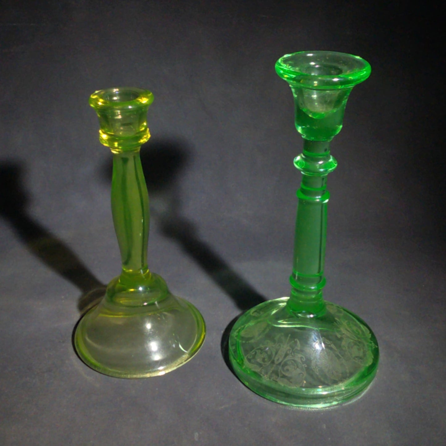Pair of Vintage Mismatched Uranium Glass Candlesticks, UV Reactive