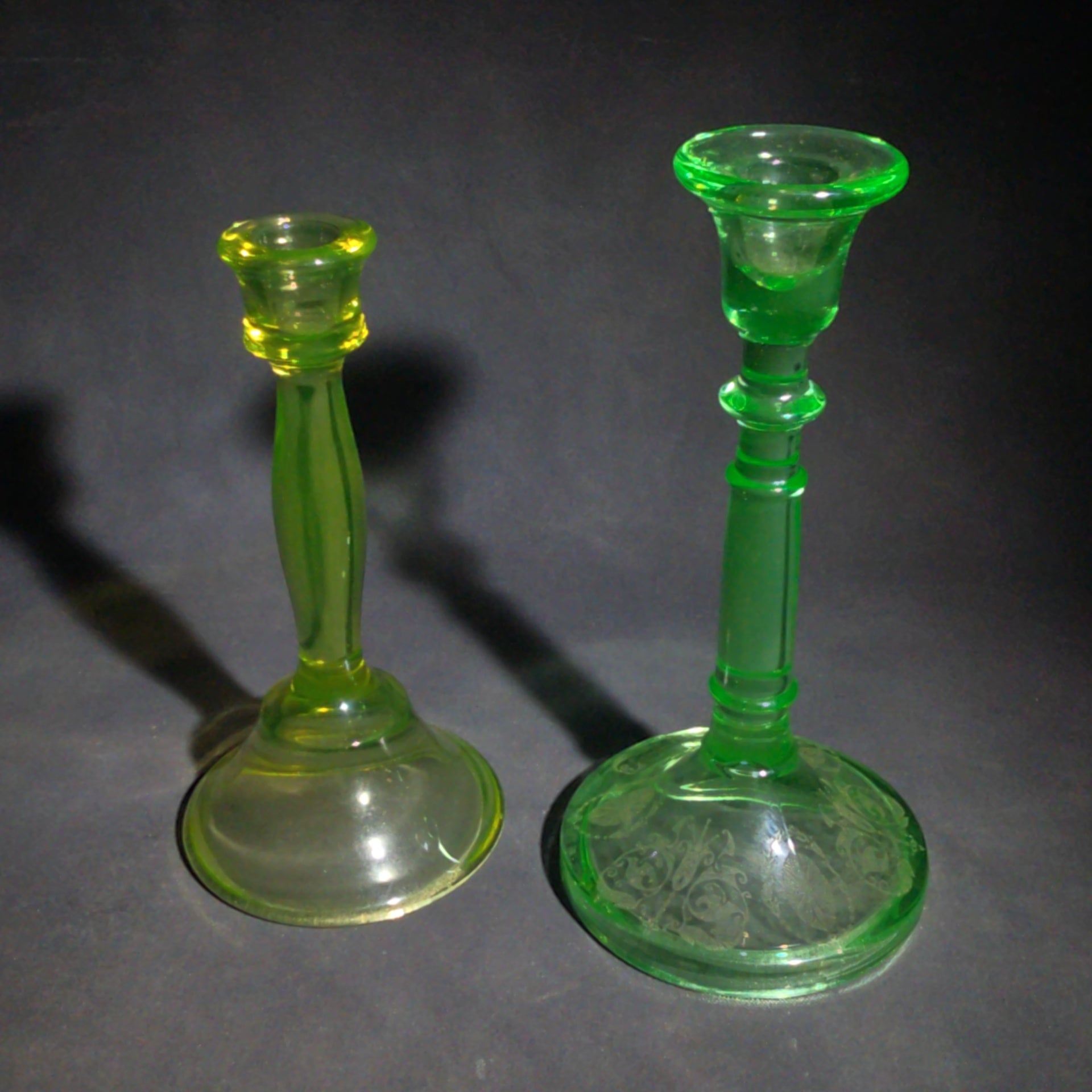 Pair of Vintage Mismatched Uranium Glass Candlesticks, UV Reactive