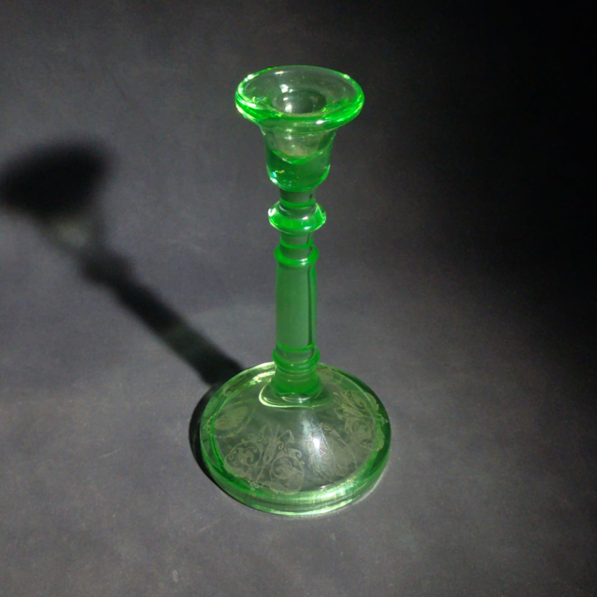Pair of Vintage Mismatched Uranium Glass Candlesticks, UV Reactive