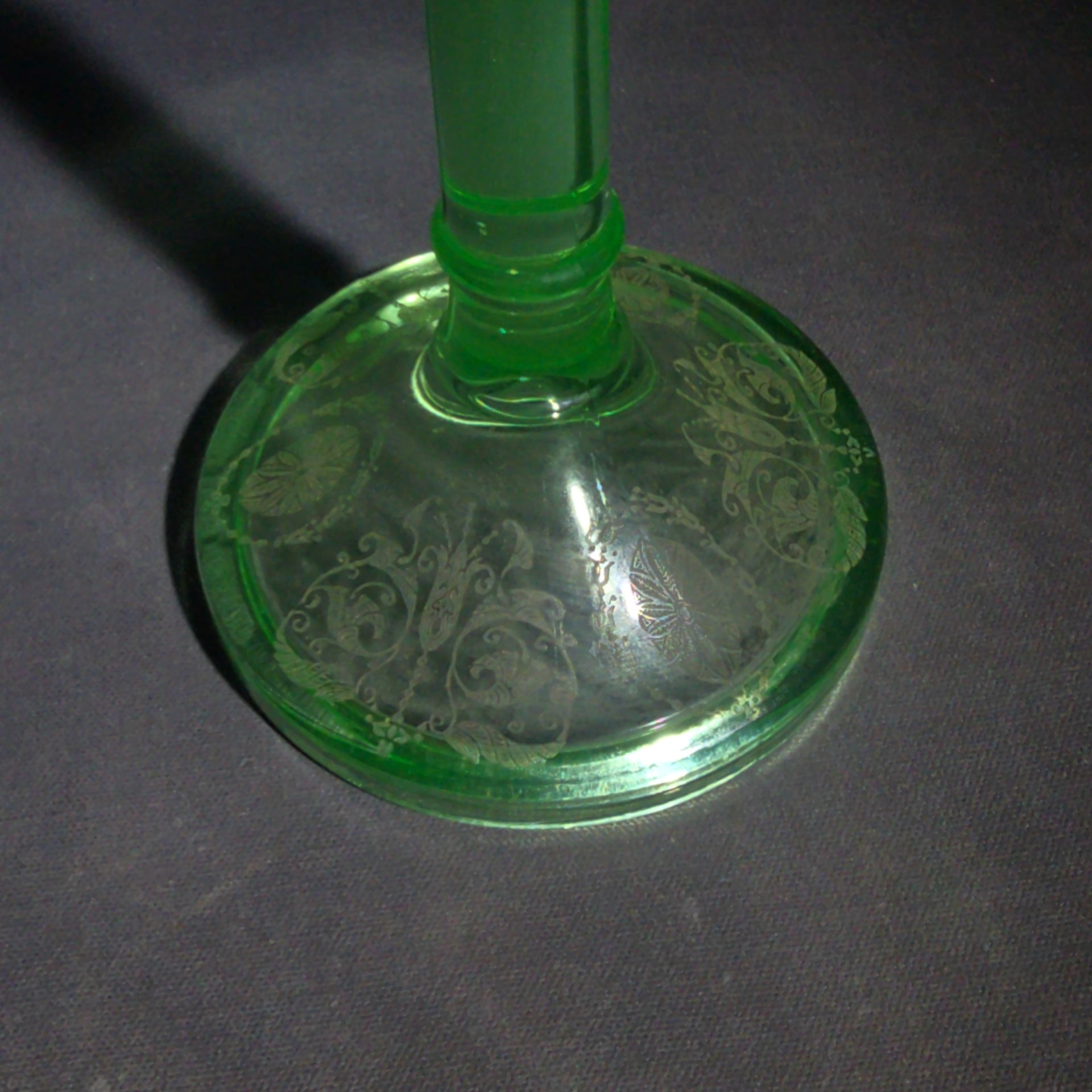 Pair of Vintage Mismatched Uranium Glass Candlesticks, UV Reactive