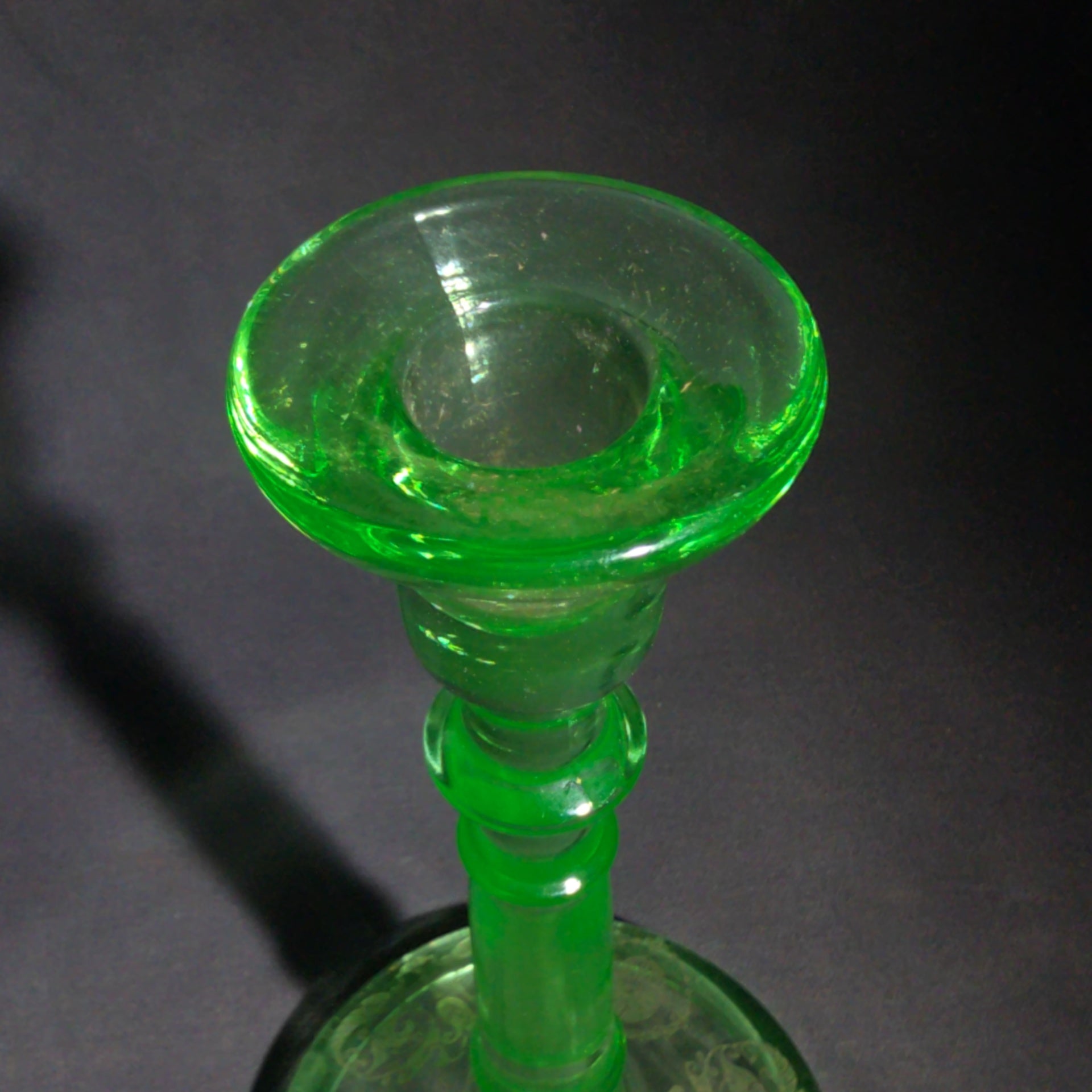 Pair of Vintage Mismatched Uranium Glass Candlesticks, UV Reactive