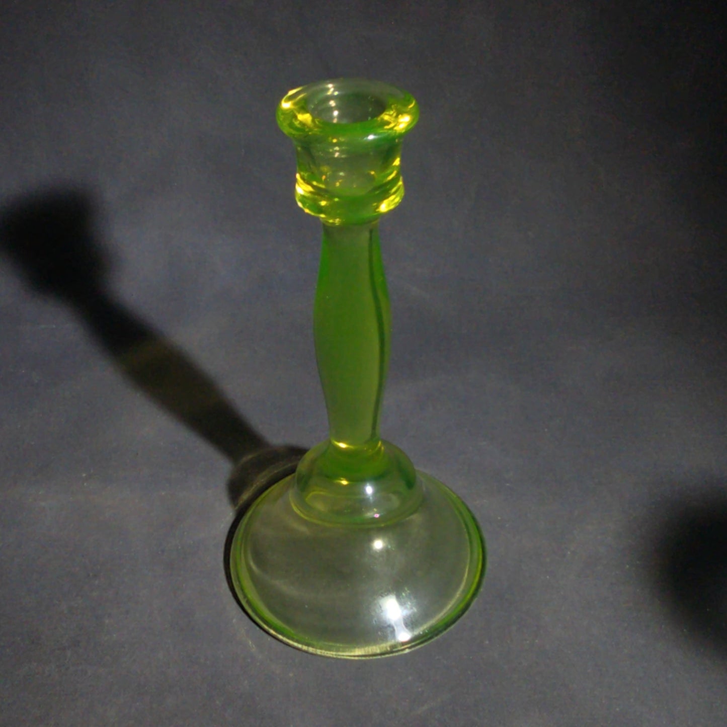 Pair of Vintage Mismatched Uranium Glass Candlesticks, UV Reactive