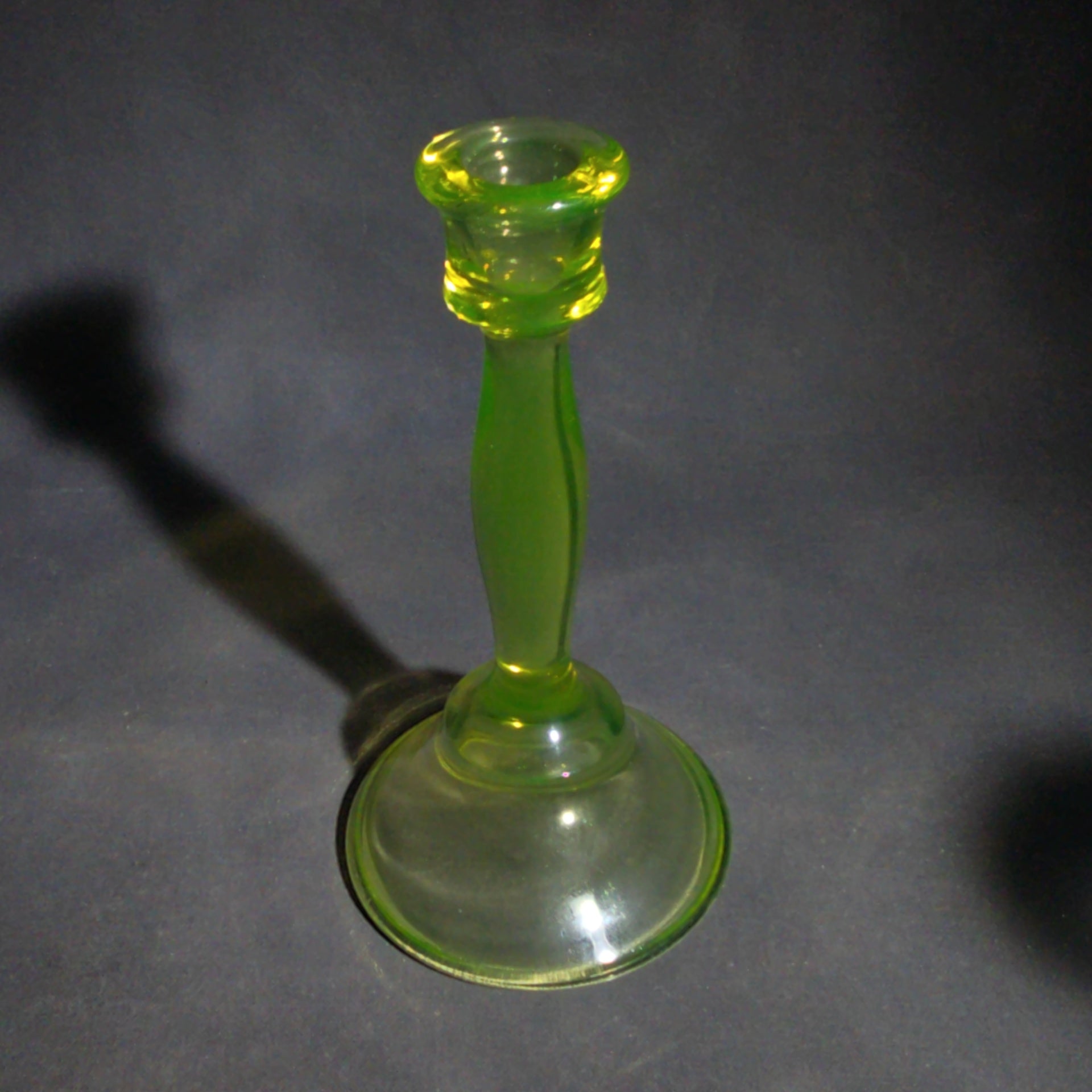 Pair of Vintage Mismatched Uranium Glass Candlesticks, UV Reactive