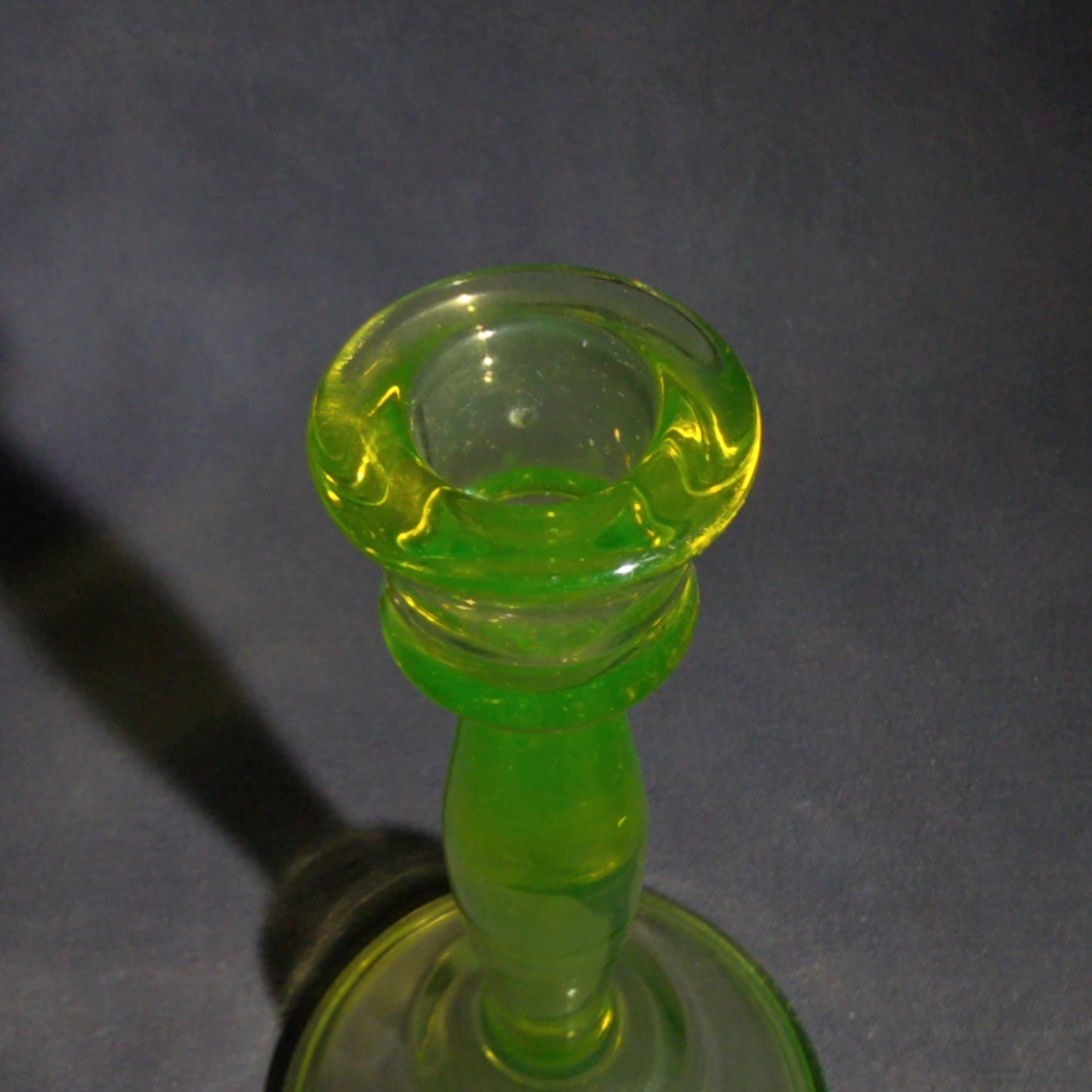 Pair of Vintage Mismatched Uranium Glass Candlesticks, UV Reactive