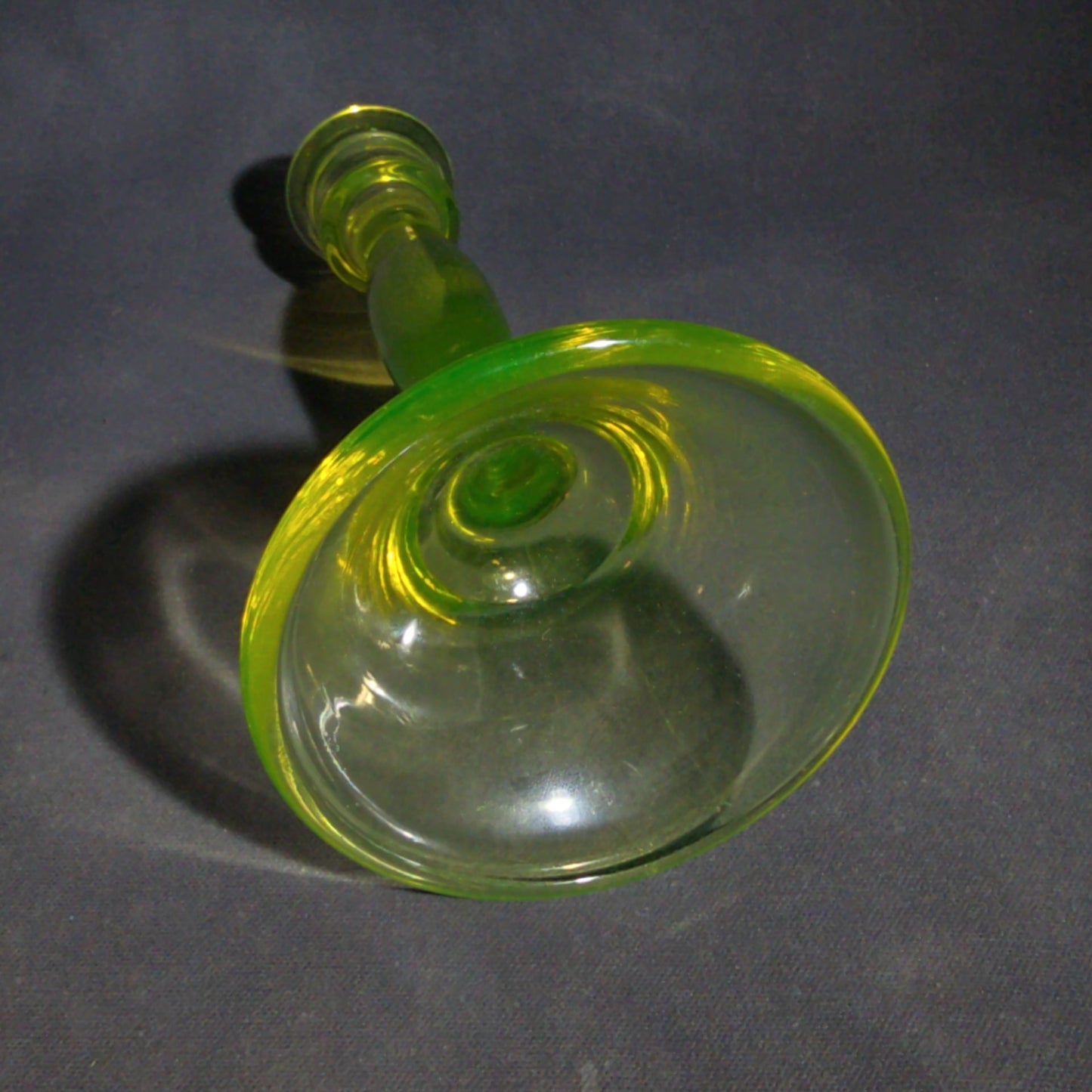 Pair of Vintage Mismatched Uranium Glass Candlesticks, UV Reactive