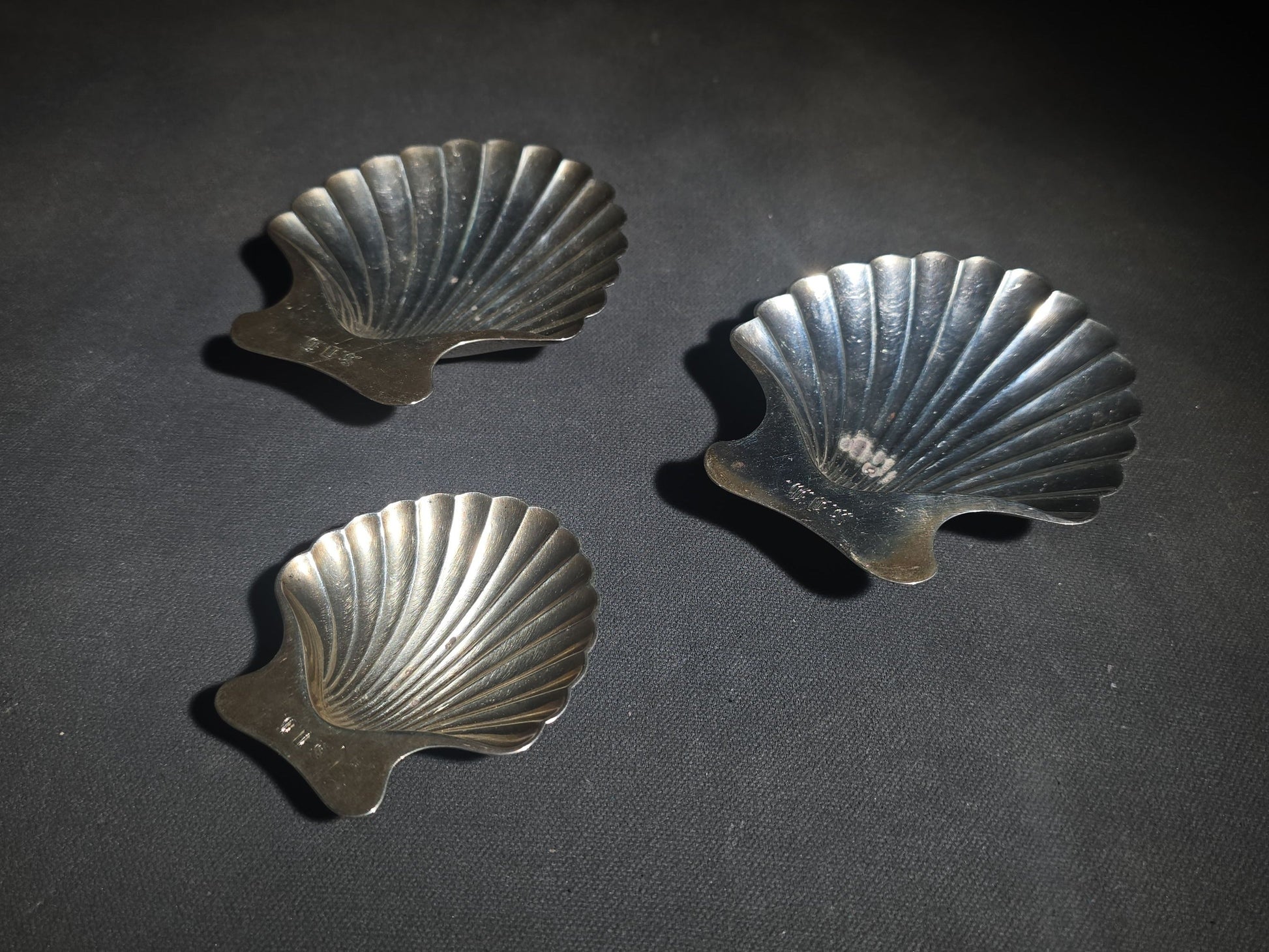 Trio of Vintage Tiffany & Co. Sterling Silver Scallop Shell Dishes, Monogrammed "S.D.H."