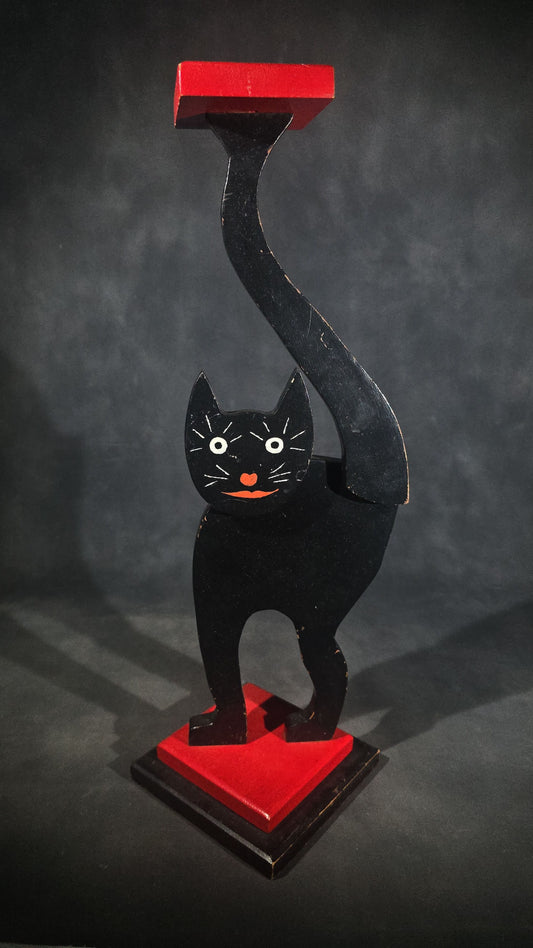 Vintage Hand-Painted Wooden Folk Art Black Cat Smoking Stand with Arched Back and Raised Tail, Red and Black Stepped Base