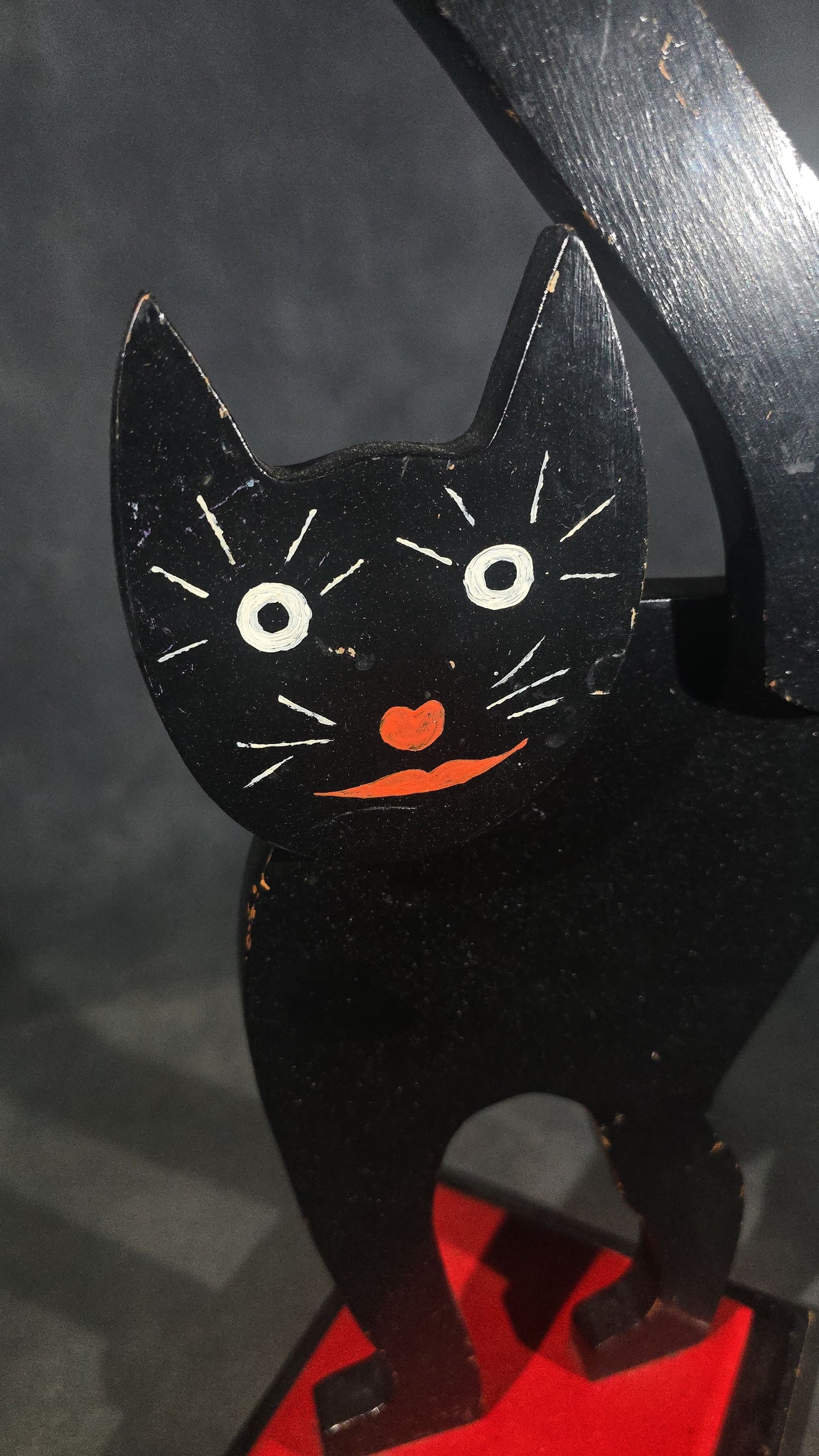 Vintage Hand-Painted Wooden Folk Art Black Cat Smoking Stand with Arched Back and Raised Tail, Red and Black Stepped Base