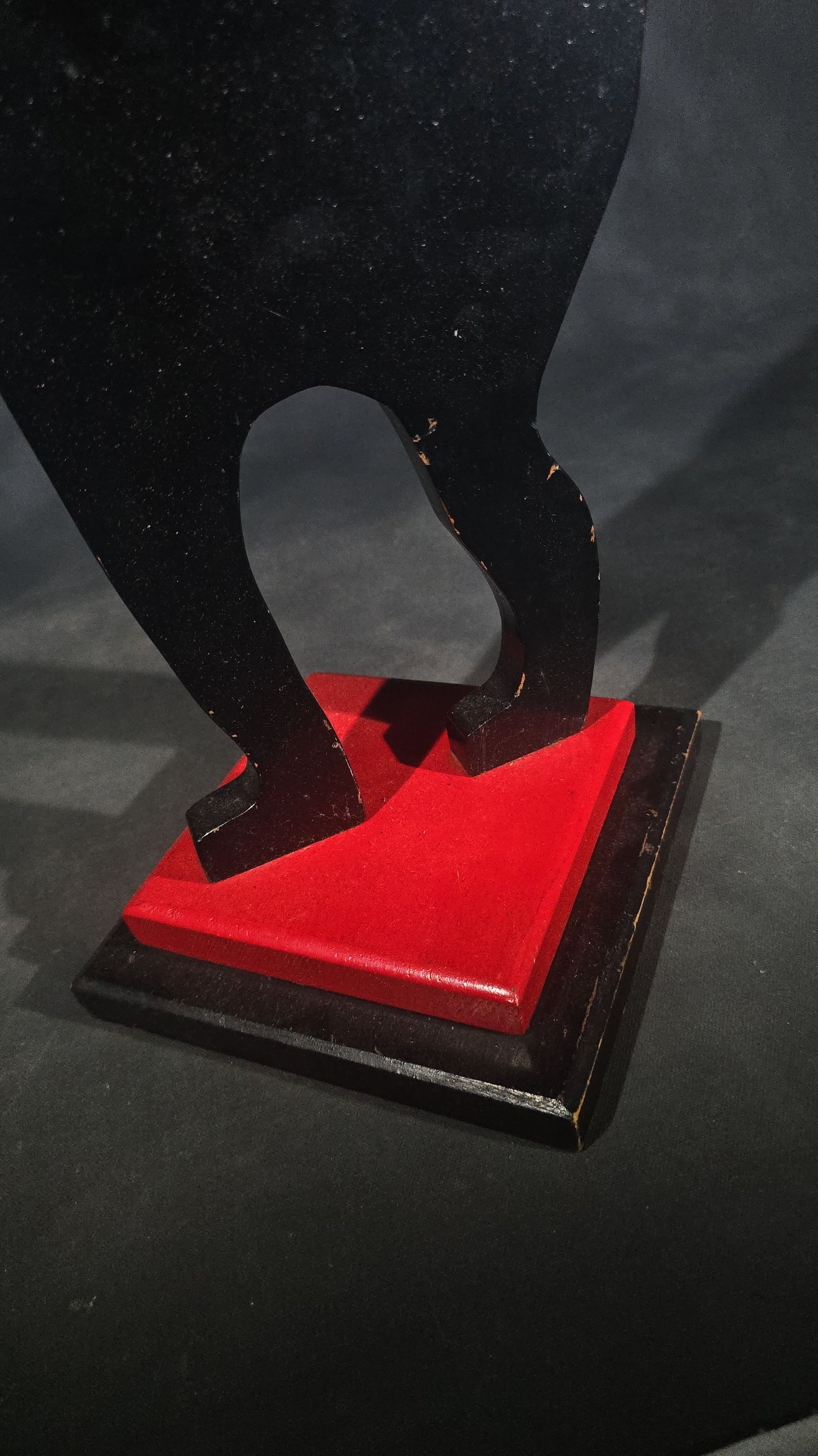 Vintage Hand-Painted Wooden Folk Art Black Cat Smoking Stand with Arched Back and Raised Tail, Red and Black Stepped Base