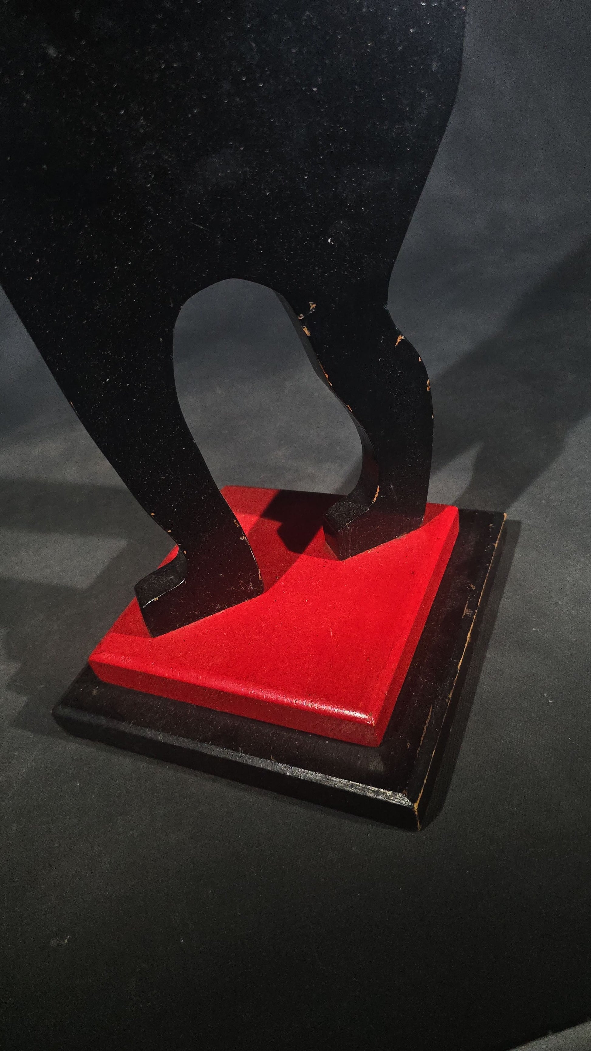 Vintage Hand-Painted Wooden Folk Art Black Cat Smoking Stand with Arched Back and Raised Tail, Red and Black Stepped Base