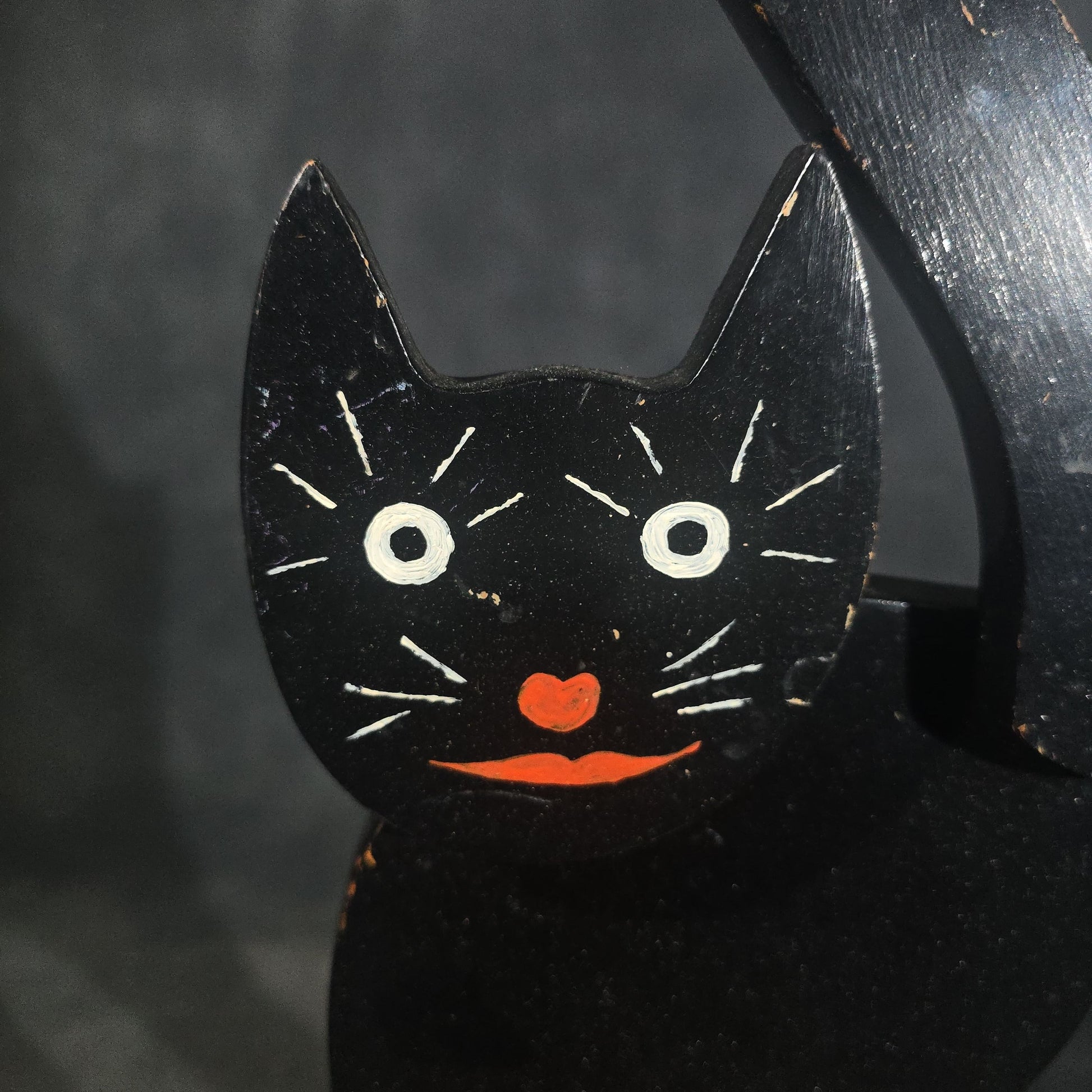 Vintage Hand-Painted Wooden Folk Art Black Cat Smoking Stand with Arched Back and Raised Tail, Red and Black Stepped Base